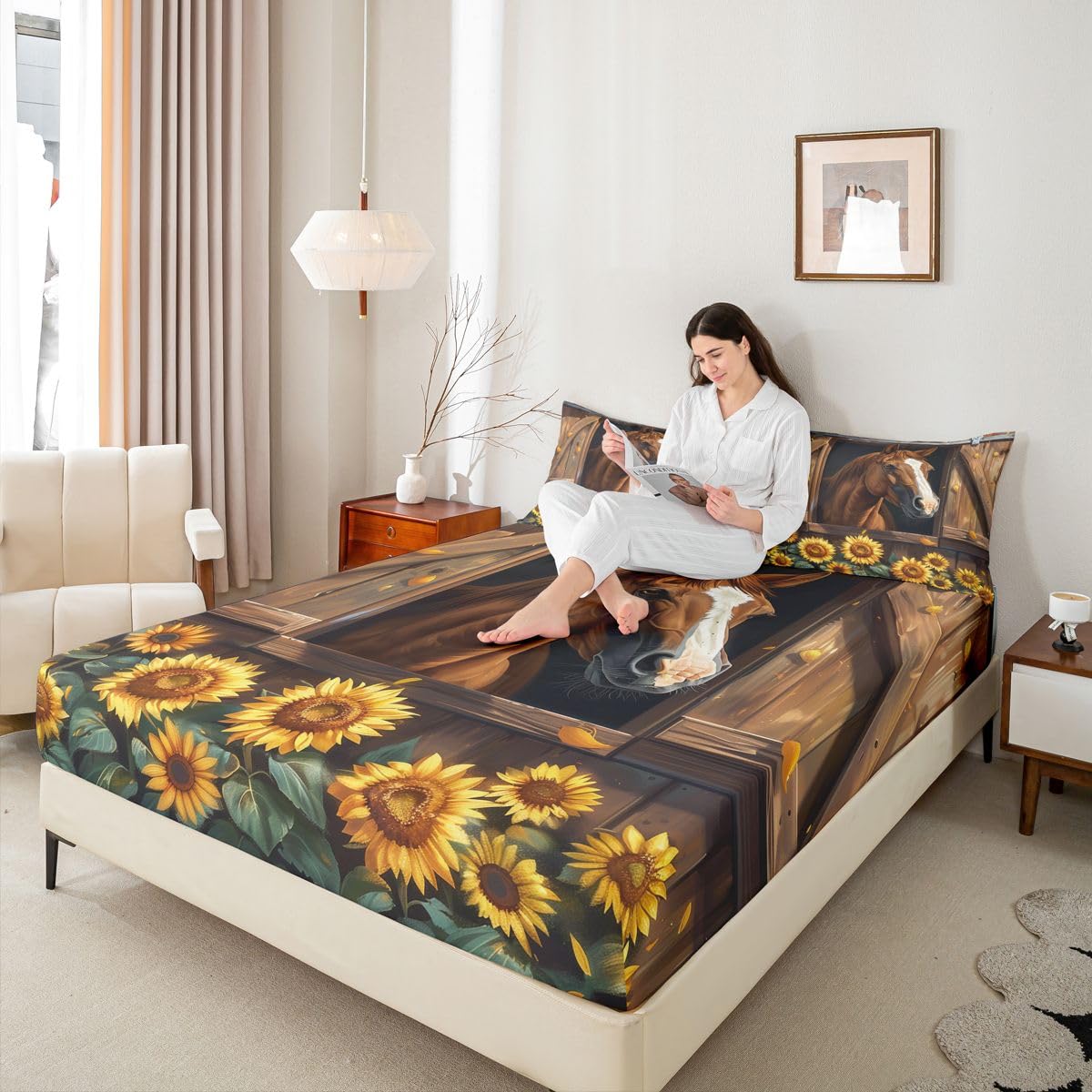 jejeloiu Farm Horse Bed Sheets Set Queen Size Brown Wood Grain Print Bed Set for Kids Boys Girls Sunflower Animal Deep Pocket Fitted Sheet Country Farmhouse Breathable Soft Lightweight Microfiber