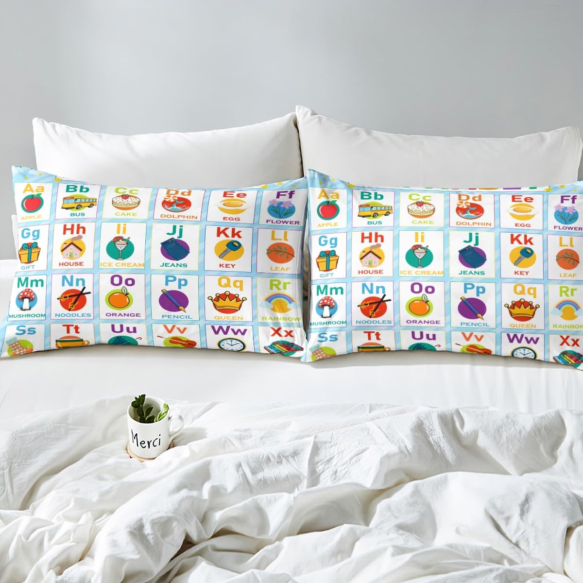 Alphabet Fitted Sheet Twin Size, ABC Alphabet Bedding Set Kids Toddler Learning Time Bed Sheet Set Educational Learning Bed Cover Lightweight Bed Set (No Flat Sheet)