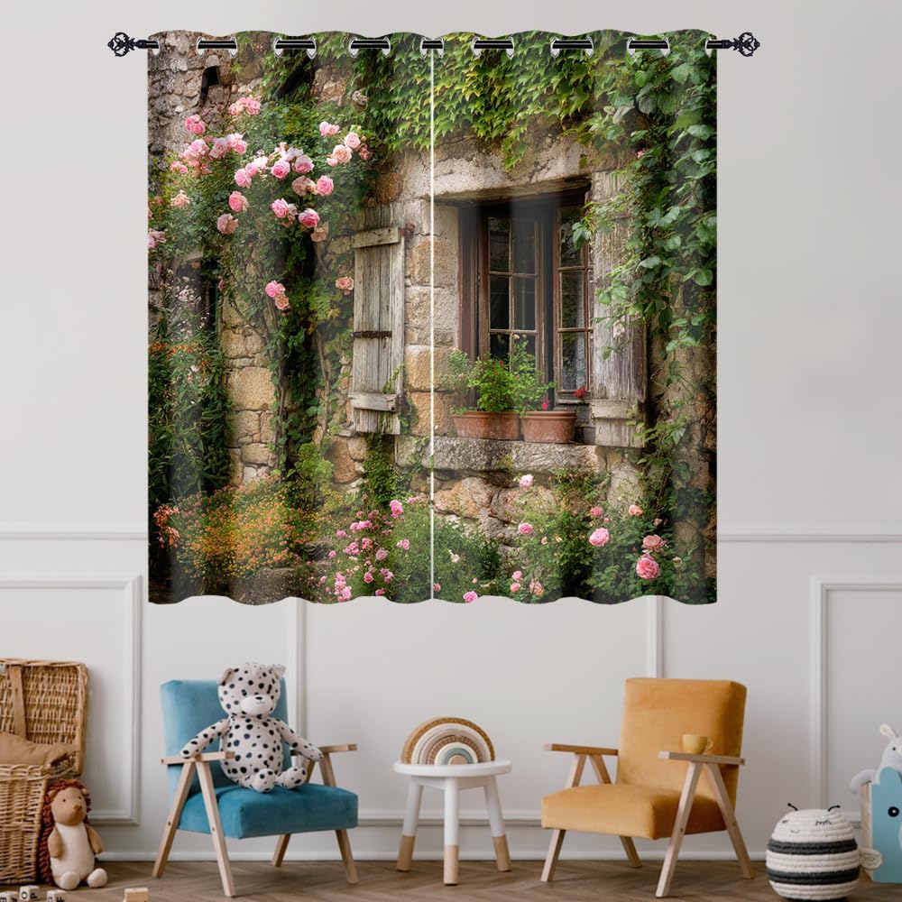 XSUPFLYM Retro Fantasy Stone House Window Perforated Curtains Modern Aesthetic Spring Garden Plant Ivy Flowers Print Thermal Curtains Suitable for Bedroom 2 Panels Each 21" W x 45" L