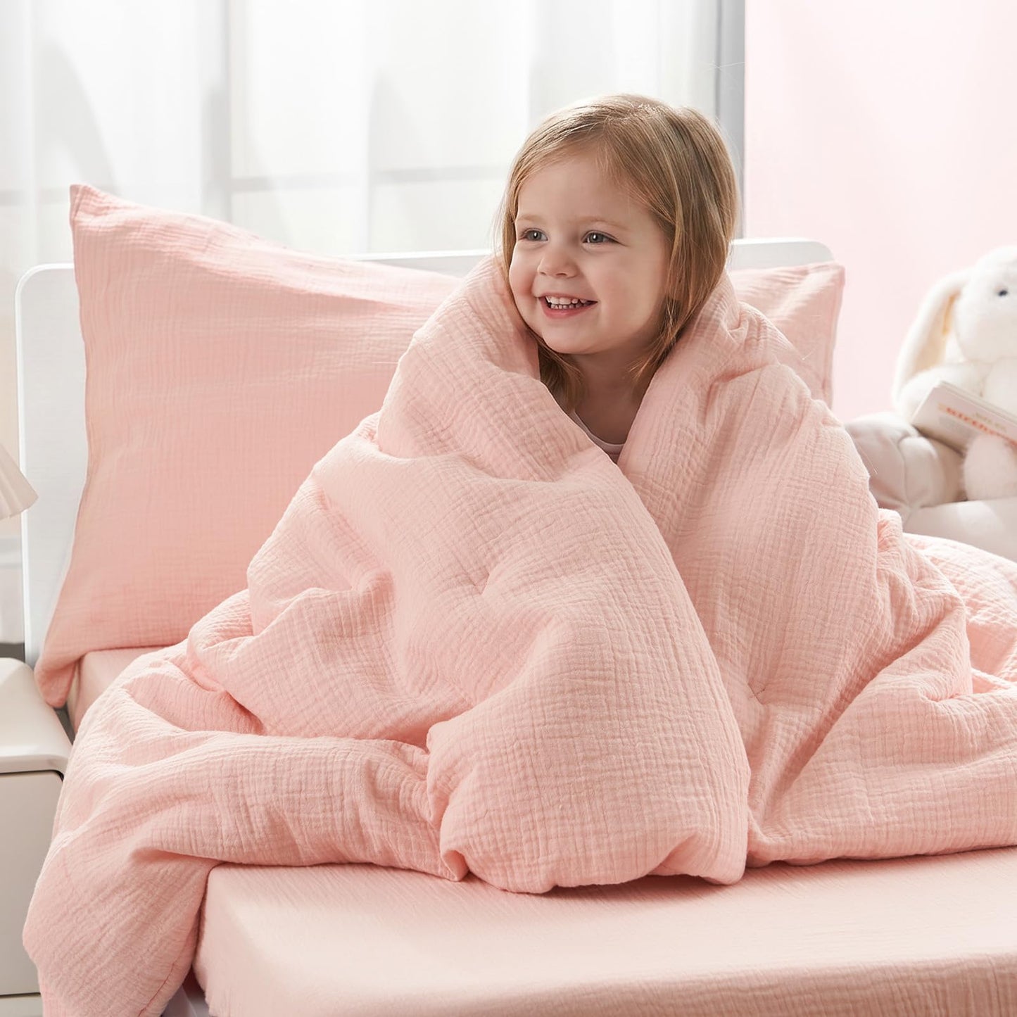 PHF Cotton Muslin Toddler Bedding Set, Soft 3 Piece Toddler Comforter Kids Bed Set, Cute Pink Bedding Set for Girls
