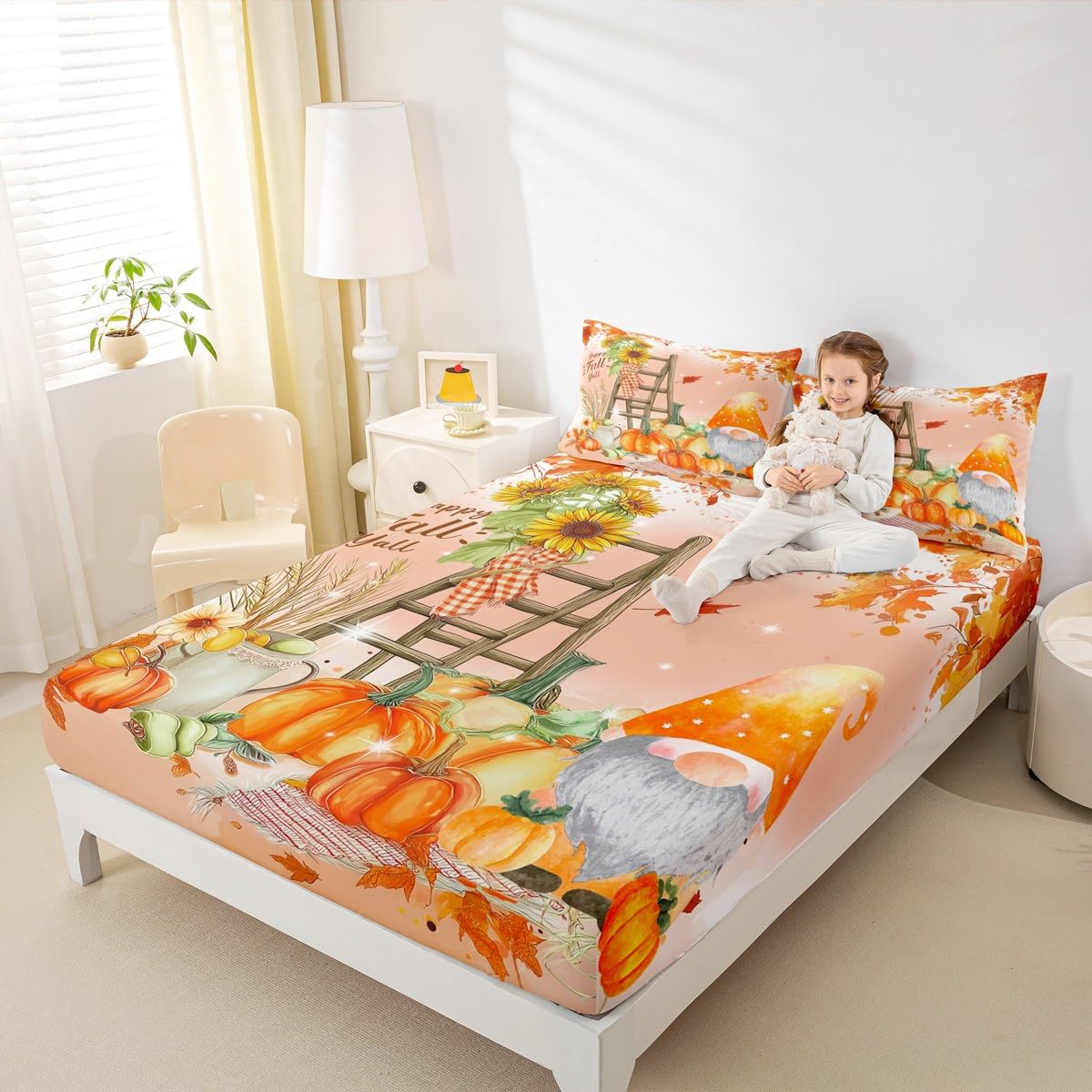 Happy Fall Gnomes Bedding,Thanksgiving Pumpkin Bed Sheets Queen Fall Home Room Decor,Autumn Natural Harvest Season Fitted Sheet + Flat Sheet + 2 Pillow Cases,Rustic Maple Leaf Sunflower Sheet Set