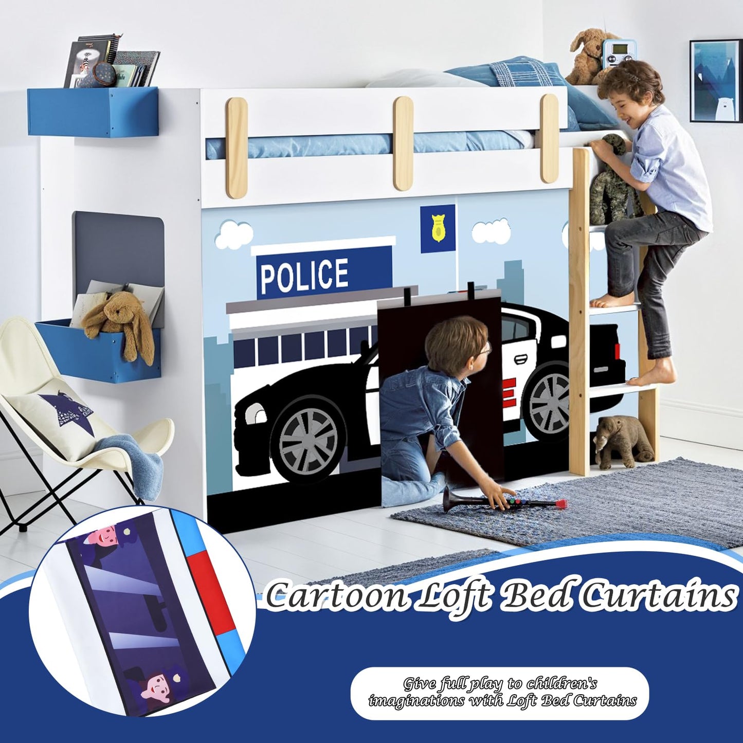 YRDKB Police Car Bed Curtains - 33H Premium and Customizable Cartoon Loft Bed Curtains for Children to Enhance The Imaginative Creation Bedroom Curtains(3PCS,Twins)