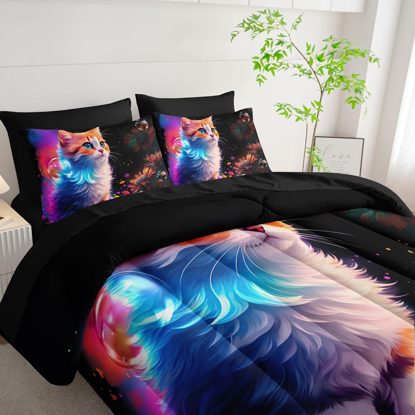 XYNHML Cartoon Kawaii Cat Comforter 7Pcs 3D Animal Flower Toddler Bedding Set Cat Lovers Animal Bubble Quilt Bed Set for Kid Girl Boy Teen Adult Full with 2 Sheets,2 Pillowcases,2 Throw Pillow Covers