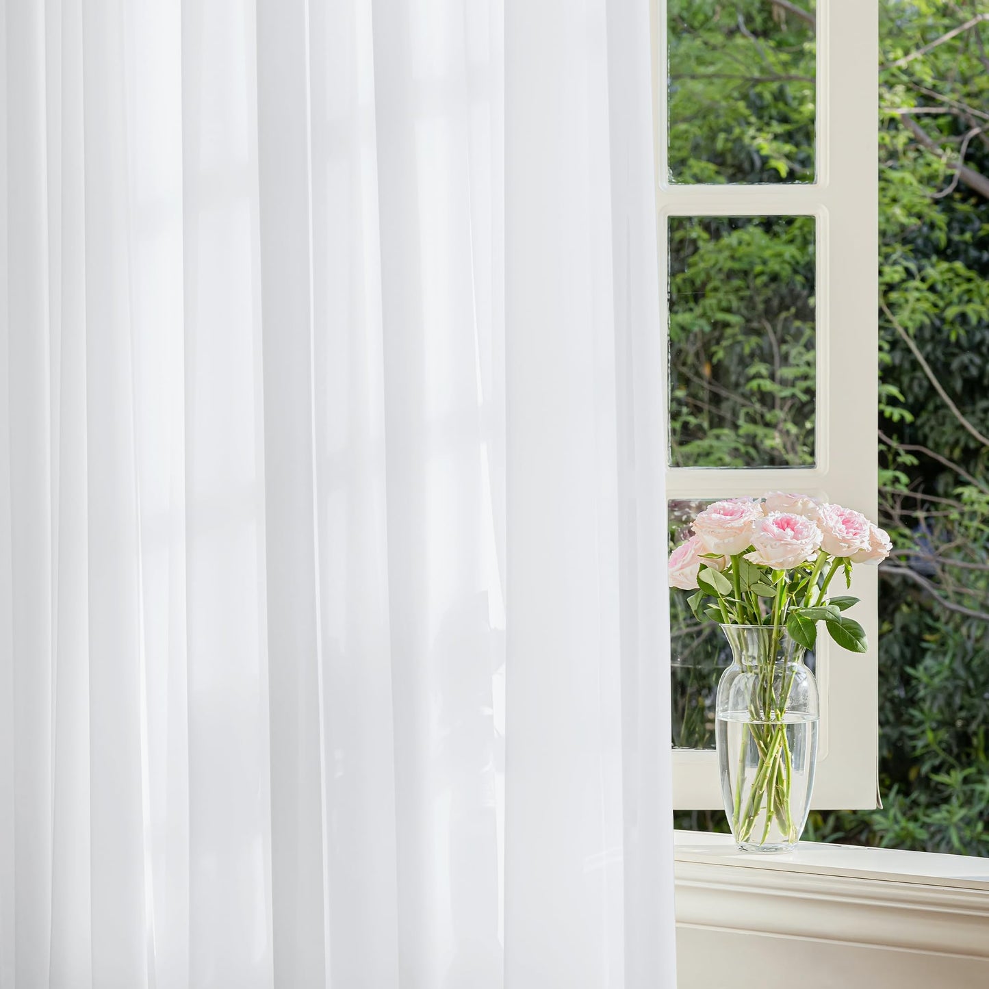 FMFUNCTEX Sheer Non-See-Through White Curtains for Bedroom, Faux Silk that Let Light Curtains 84 inches Long Light Filtering Privacy Sheer Window Drapes for Living Room, Rod Pocket 2 Panels Set