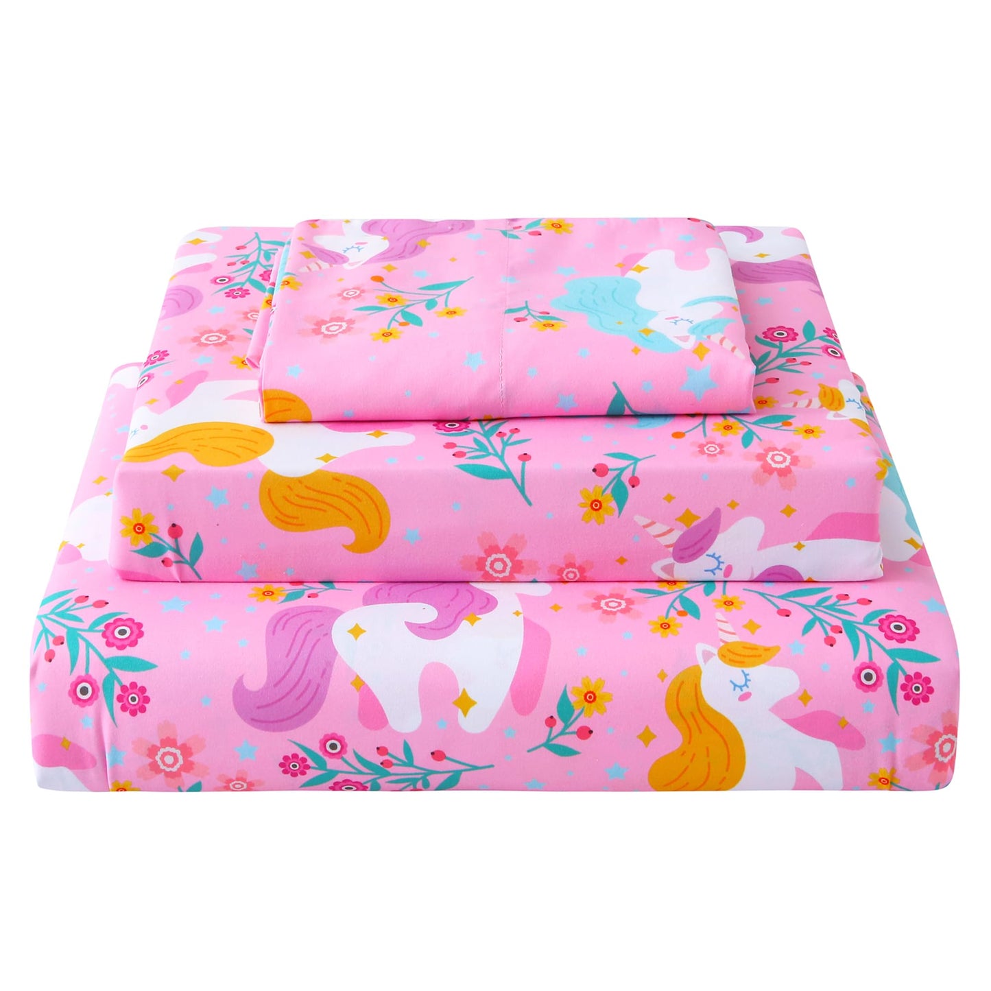 Softan Kids Twin Sheets Set, 3 Piece Unicorn Bedding Set for Girls, Soft Breathable Microfiber with 15" Deep Pocket, Fitted Flat Sheet & Pillowcase