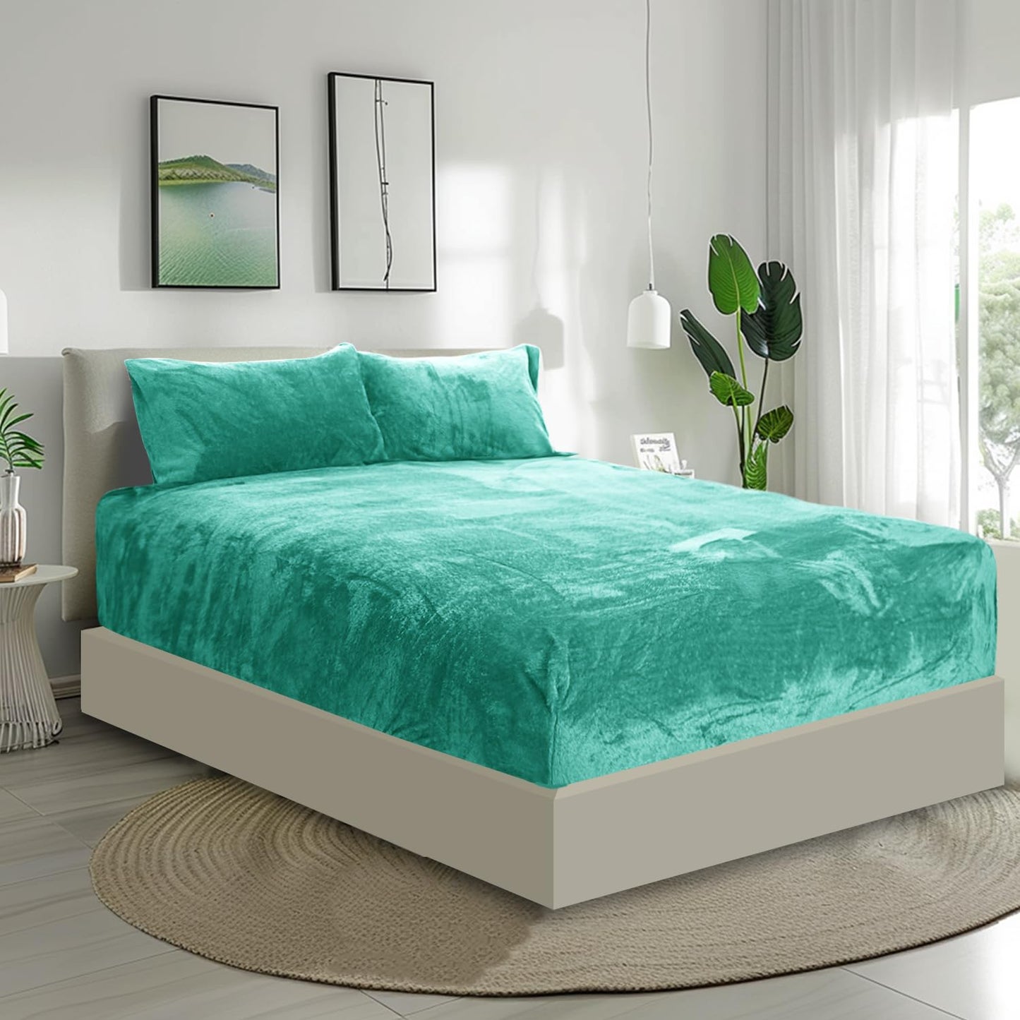 Ramesses Fluffy Teddy Fleece Full Size Fitted Sheet - 1 Deep Pocket Furry Fleece Fitted Sheet and 2 Piece Ultra Soft Pillowcases (Green, Full)