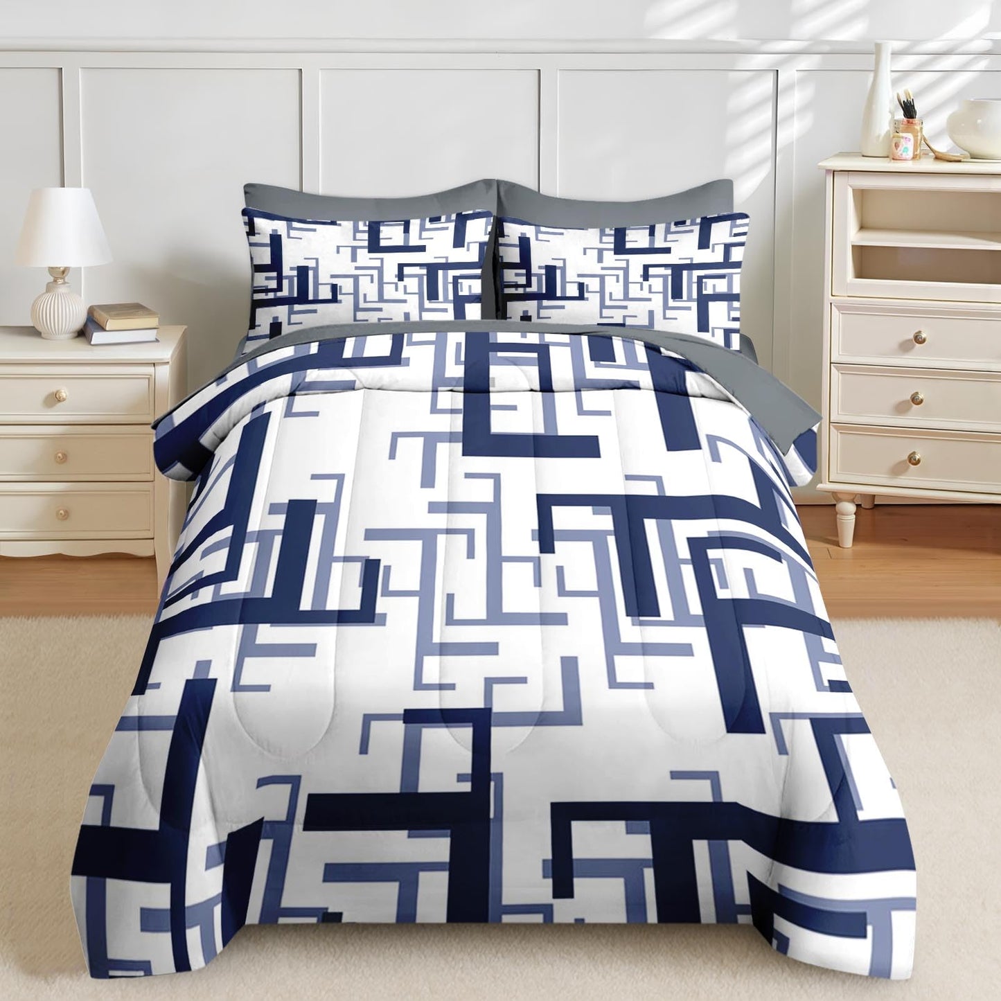Nesker Comforter Set King Size, Navy Blue Maze 7 Pcs Bedding for Kids and Adults, Lines Geometric Bed Sheet Sets with Fitted Sheet 2 Pillowcases & 2 Shams