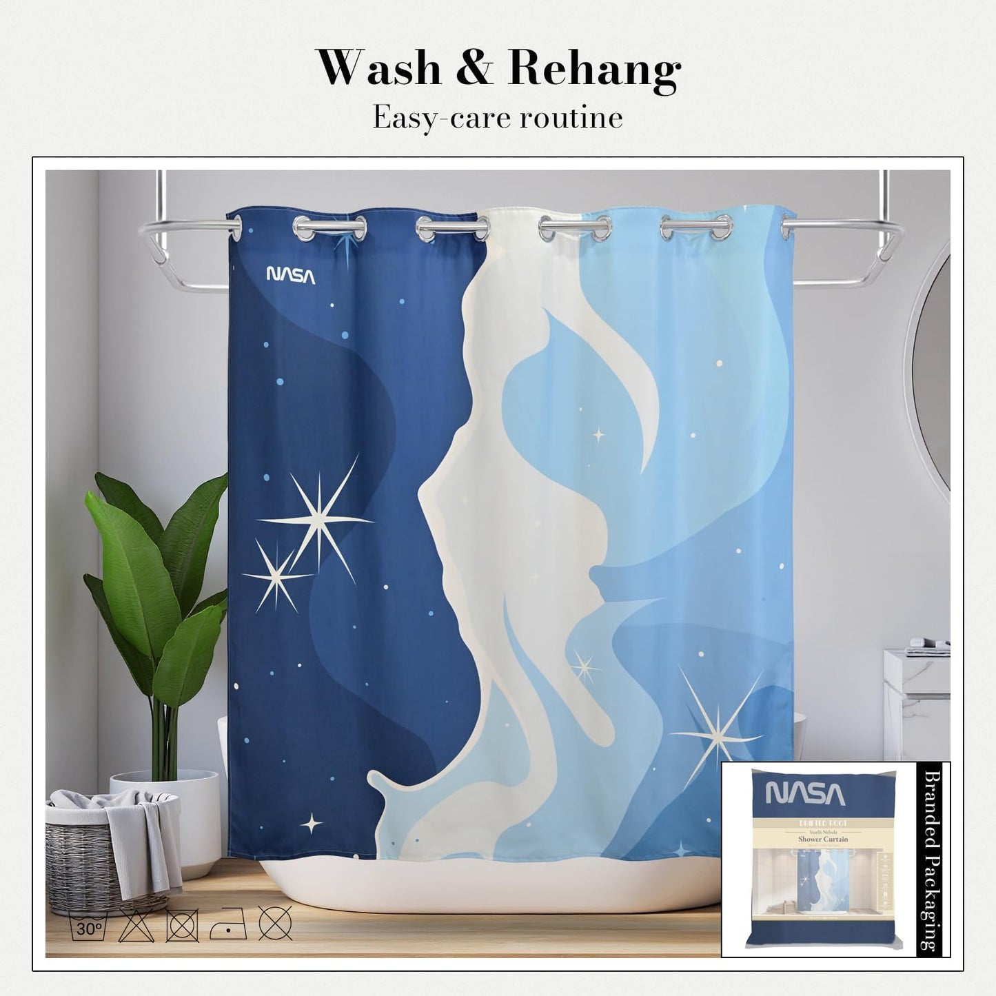 DRIFTED ROOT NASA Licensed No Hook Shower Curtain Set, Carina Cascade Nebula Cloud Design, Space Poster Art, Oxford Cloth, Bathroom Hotel Decor (Carina Cascade-Blue, 72" W x 74" L (Pack of 1))