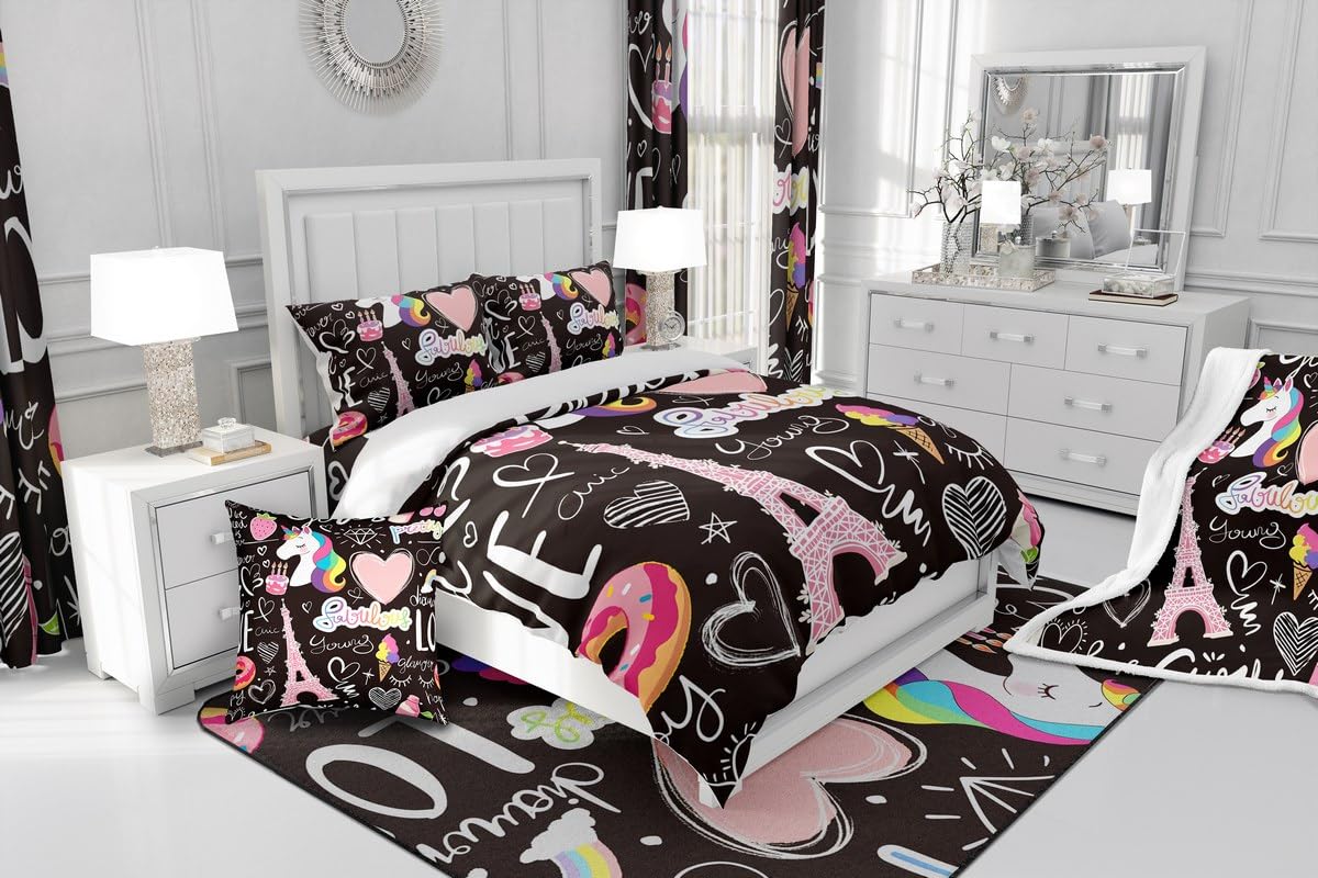 Manfei Kids Eiffel Tower Sheet Set Pink Love Strawberry Unicorn Decor Fitted Sheet Paris Tower Bedding Set 2pcs for Girls Soft Polyester Bed Sheets (1 Fitted Sheet + 1 Pillow Case) Twin Size