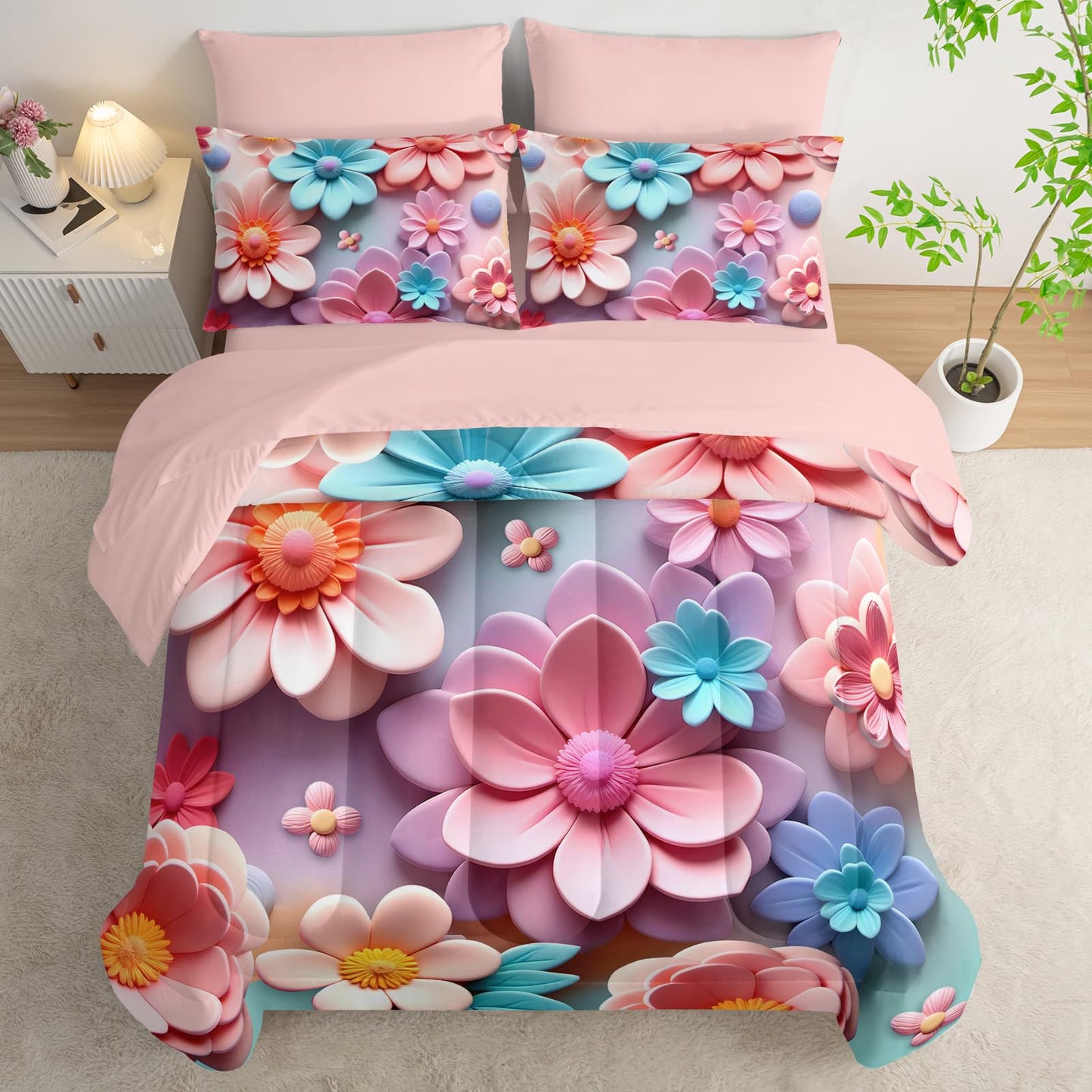 lneffble Pink Floral Comforter Set Queen Size Bed 7 Piece,Quilt Queen Size Bedding Set 7 Piece Farmhouse Blue Floral,(1 Comforter, 1 Flat Sheet, 1 Fitted Sheet, 2 Pillowcase and 2 Pillow Sham)