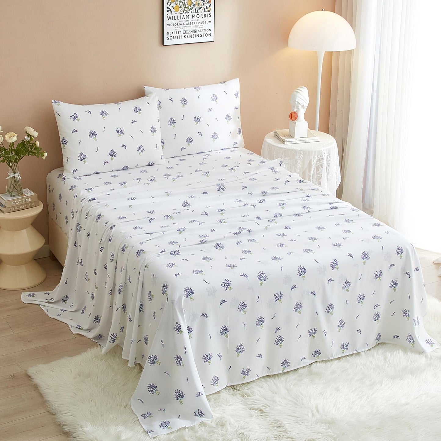 AMWAN Floral California King Size Sheets Set White 4 Piece,Extra Deep Pocket Sheets - Soft Flat Sheet - Cooling Bed Sheets Purple Floral Super Soft with Fitted Sheet,2 Pillowcases Set