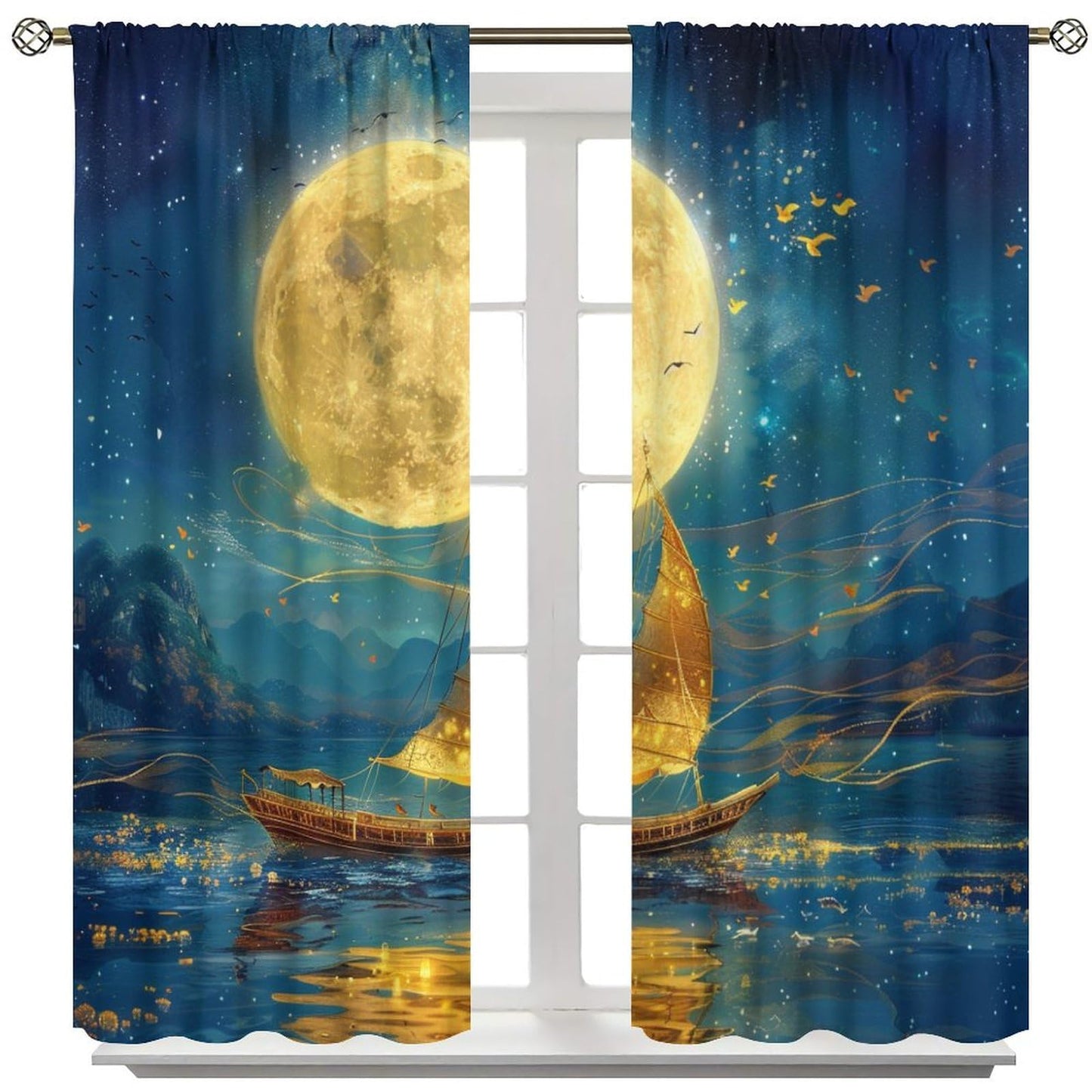 TOWINSFB Ancient Sailboat Star Moon Blackout Curtains for Living Room Bedroom, Night Nautical Ocean Scenery Window Curtains Rod Pocket Thermal Insulated Window Drapes, 2 Panels, Each 21W x 45L