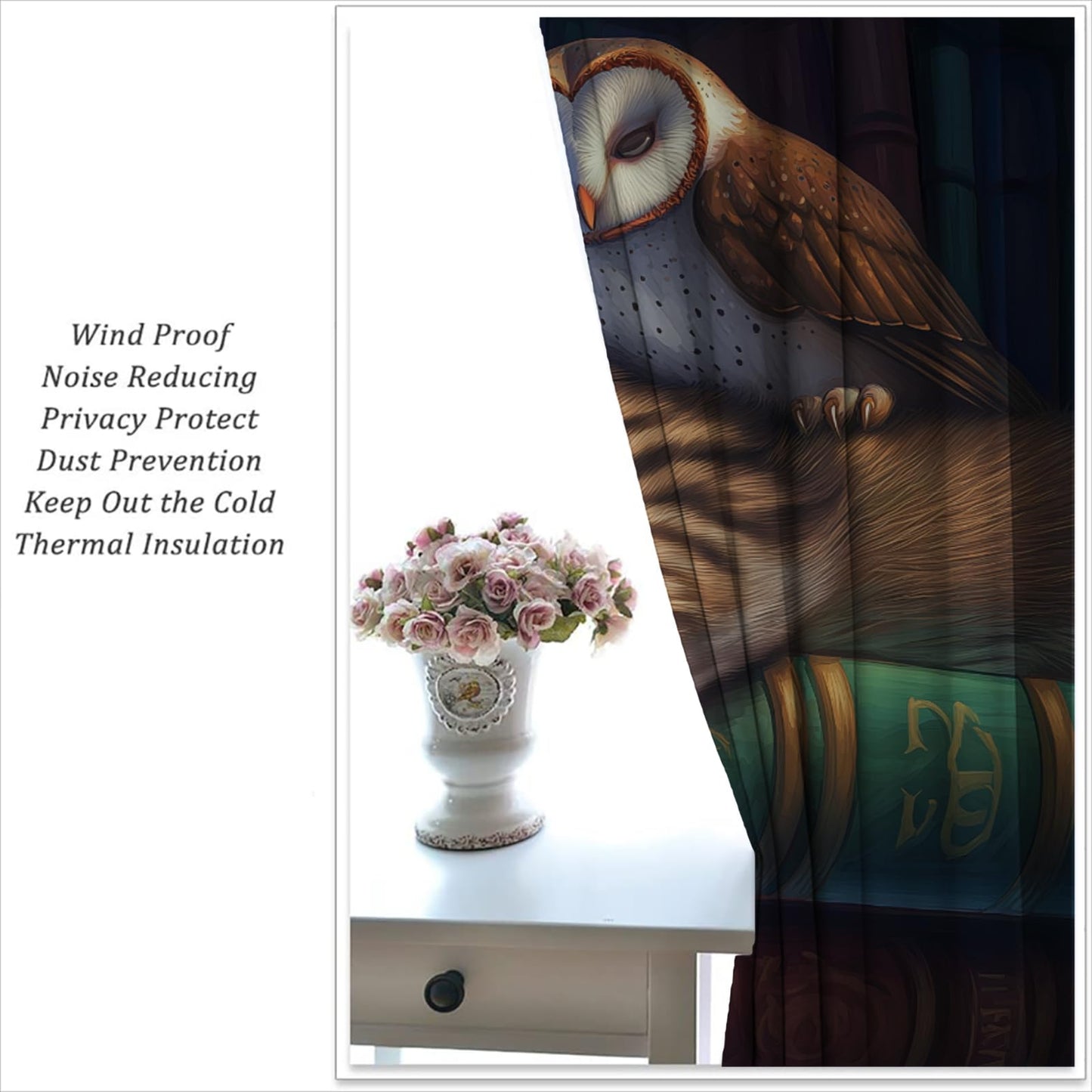 LHROOMJK Bookshelf Blackout Curtains for Boys Girl Bedroom Home Decor,Library Bookcase Book Cartoon Sleeping Cat and Owl Thermal Insulated Rod Pocket Darkening Living Room Window Drapes, 42 x 63 inch