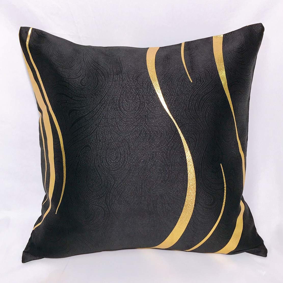 1 Pair Striped Decorative Throw Pillow Case, Polyester Square Pillow Sofa Cushion Cover, Set of 2(Black and Gold, 18 x 18 Inch)