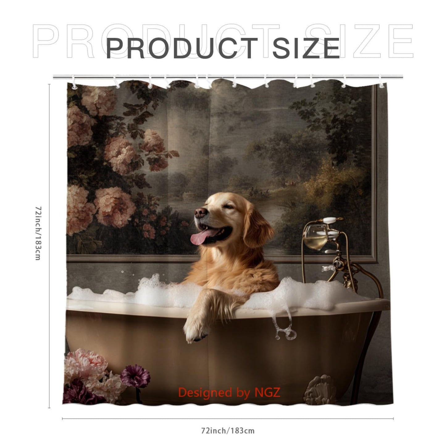 NGZ Funny Golden Retriever Shower Curtain, SPA Golden Retriever with Wine, Grey Shower Curtain, 72x72 Inches Floral Shower Curtains for Bathroom, Bath Curtains Set with 12 Hooks