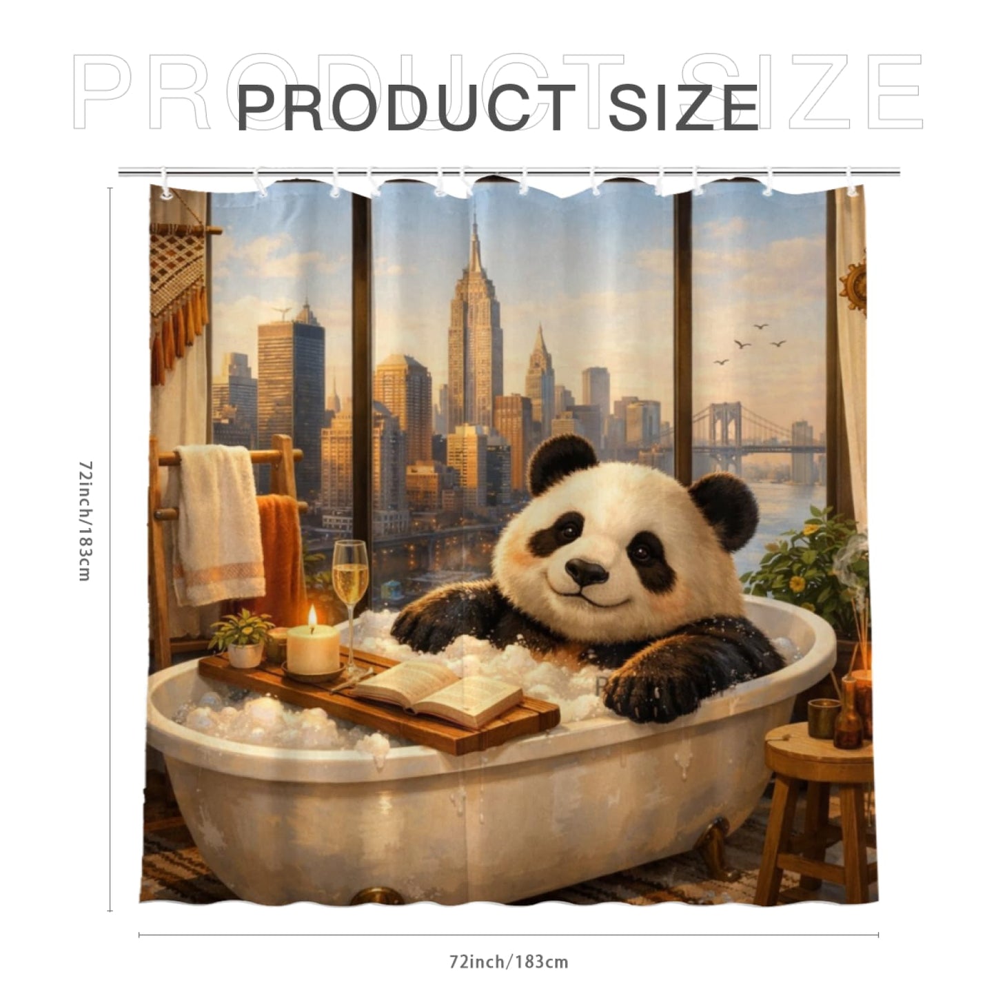 REZHOCH Funny Panda Boho Shower Curtain 72x72 Inch,Cute Animal Bathtub City Skyline Bathroom Decor Waterproof Fabric Urban Window View Modern Apartment Bath Set with Hooks
