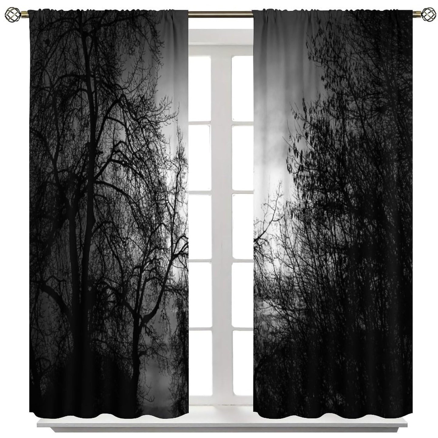 Gothic Forest Curtains Dark Black Forest Foggy Mysterious Pine Black Tree Forest Nature Scenery Blackout Window Treatments for Living Room Bedroom Window Drapes 42" W X 45" L