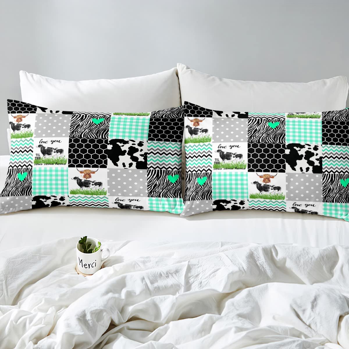 Homewish Cow Print Duvet Cover Set King Size Cute Cow Comforter Cover Farm Animals Print Bedding Set 3pcs for Kids Boys Girls Room Decor, Black White Green Plaid Quilt Cover with 2 Pillowcases