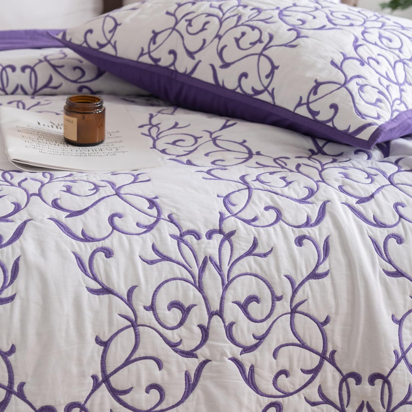 mixinni 2-Piece King Size Soft Cotton Purple Quilted Embroidery Floral Pattern Pillow Shams-20" x 36"