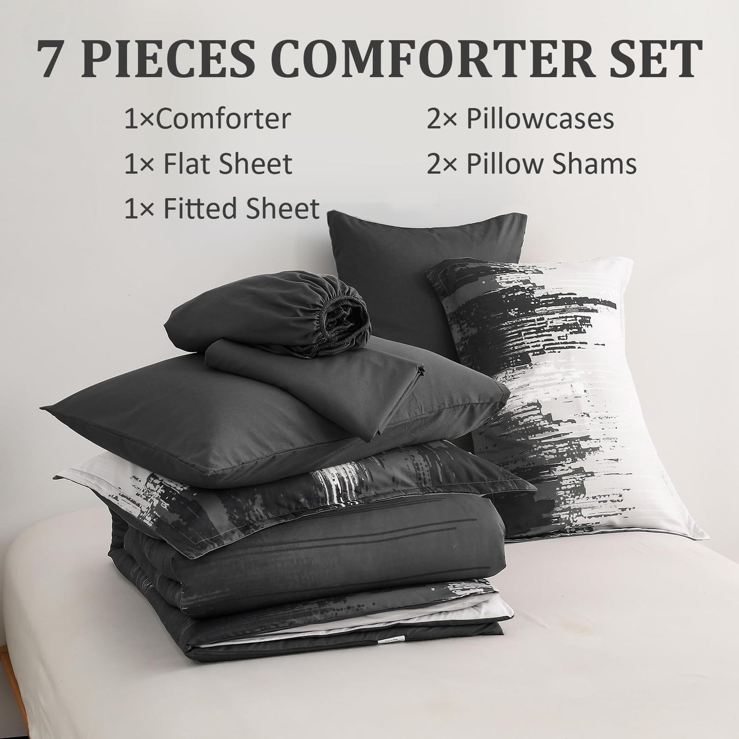 WONGS BEDDING Comforter Set Queen,Black Grey 7 Pieces Bed in a Bag Colorful Abstract Art Gradient Comforter Soft Microfiber Bedding Set with Comforter,Flat Sheet,Fitted Sheet,Pillow Shams,Pillowcases