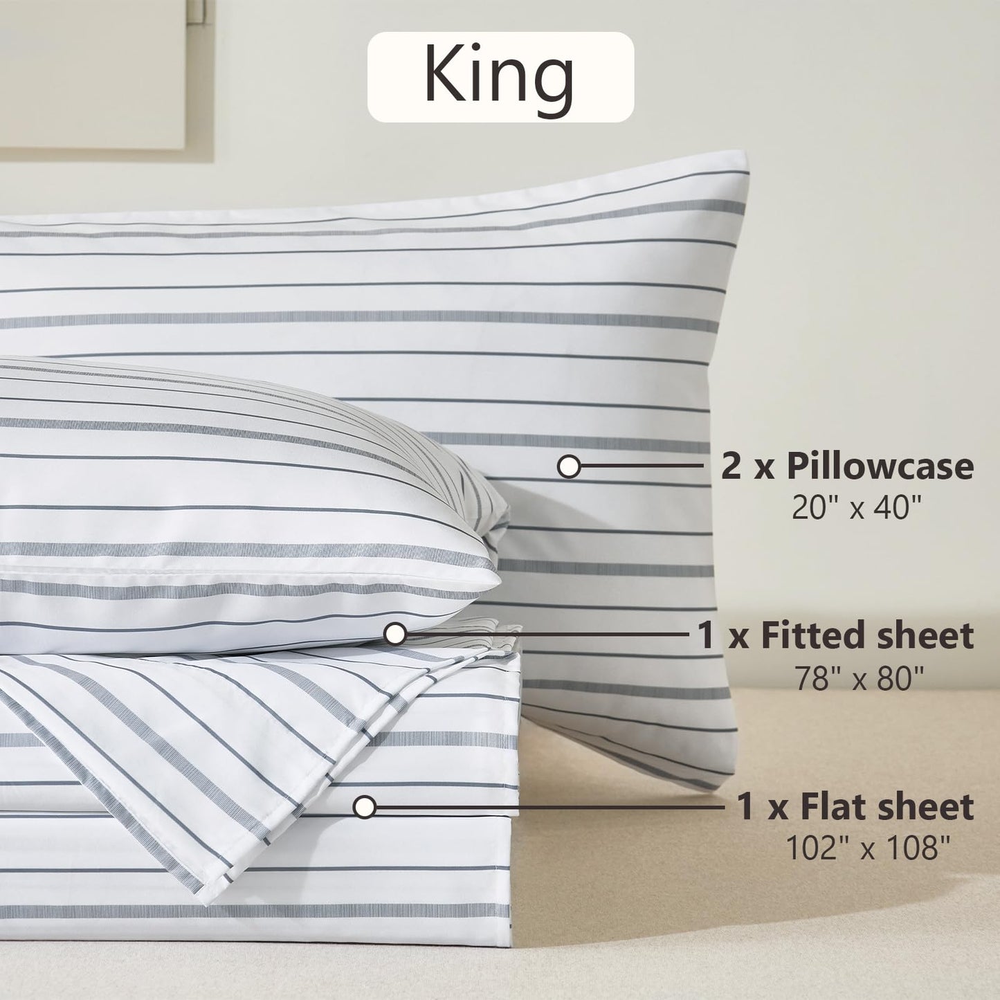 MCO 4Pieces Striped Sheets Set, Breathable King Sheet Set with 16" Deep Pocket,Modern & Luxury, Brushed Microfiber Bedding Set(King, White)