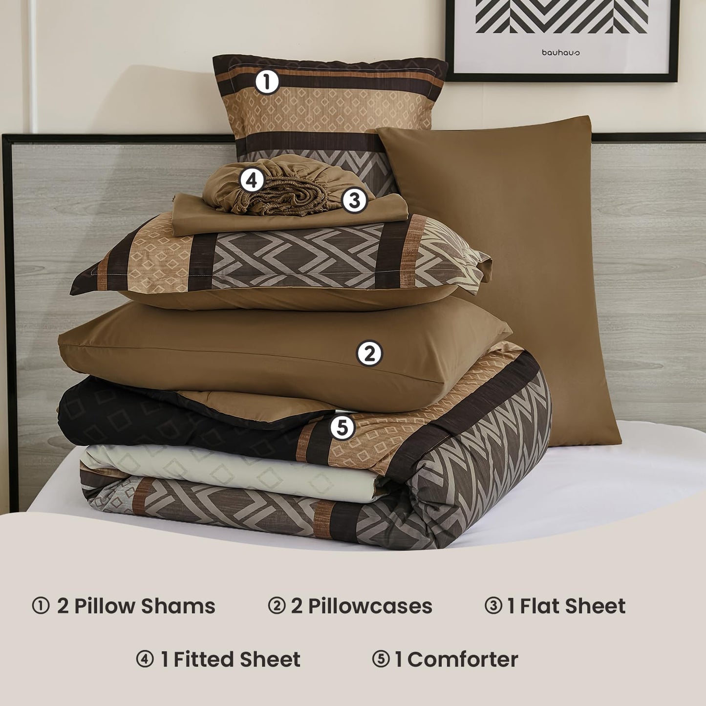 Cottolester Brown Comforter Set Queen Size,Boho Striped Bed in a Bag,7 Piece Plaid Comforter and Sheet Set, Soft Microfiber Complete Bedding Sets