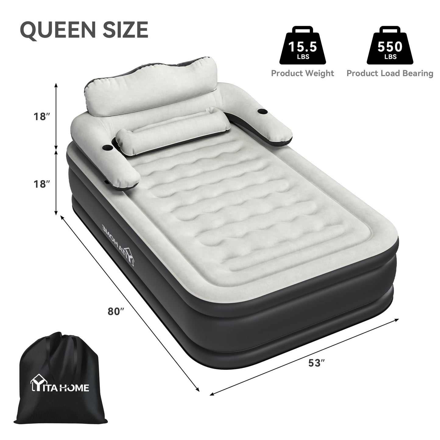 YITAHOME FullXL Size Air Mattress with Headboard, 18in Inflatable with Pillow, Blow Up Mattress with Removable Electric Pump, Comfort Air Bed Queen for Camping & Home, Black