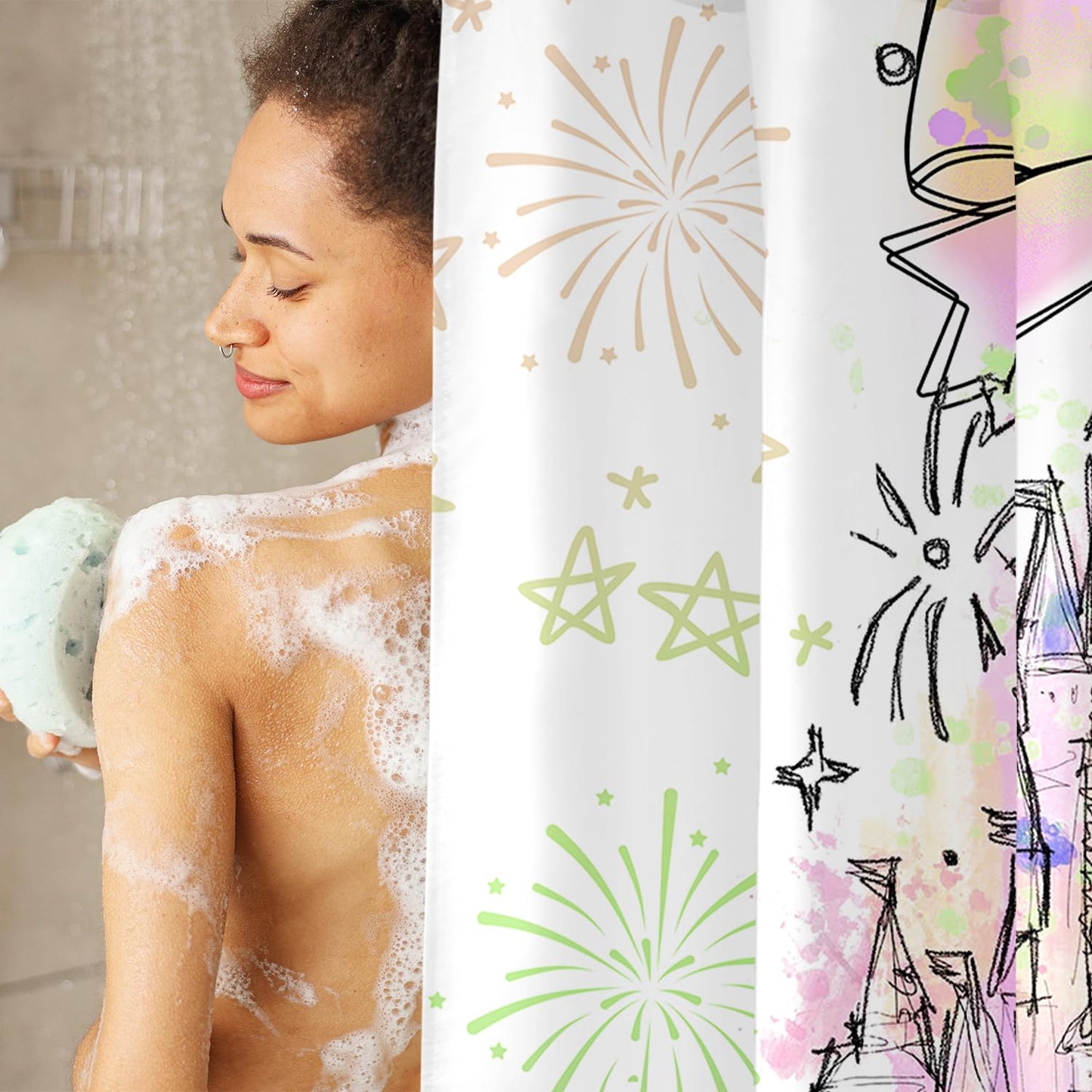 Vehcimbev Cartoon Castle Shower Curtain Fireworks and Bowknot for Girl Bathroom Decor Waterproof Curtain with Hooks for Bathrooms Shower Fabric Showers Curtains Set 72x72Inch
