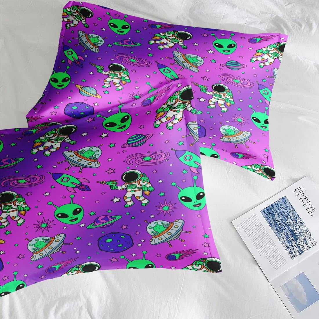 Pamnest Full Size Bed Sheet Sets, Alien Space Soft Microfiber 4 Pcs Bedding Sets for Kids and Adults Bedroom Bed Decor, Moon Neon Science Flat, Fitted Sheet and 2 Pillowcases
