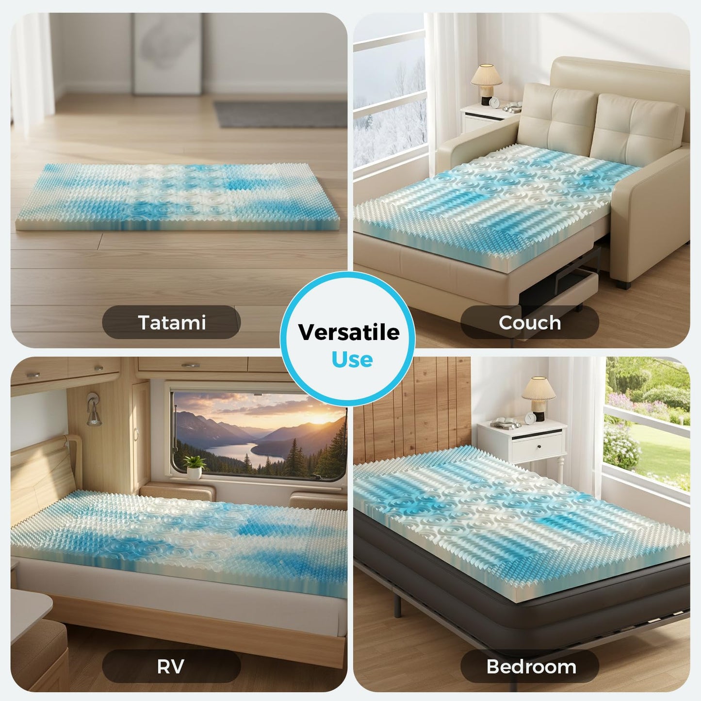 DUMOS 2 Inch Memory Foam Mattress Topper Twin, 5-Zone Cooling Gel Infused Pressure Relief Bed Topper for Back & Hip Pain, Soft Dorm RV Camping Mattress Pad, Blue