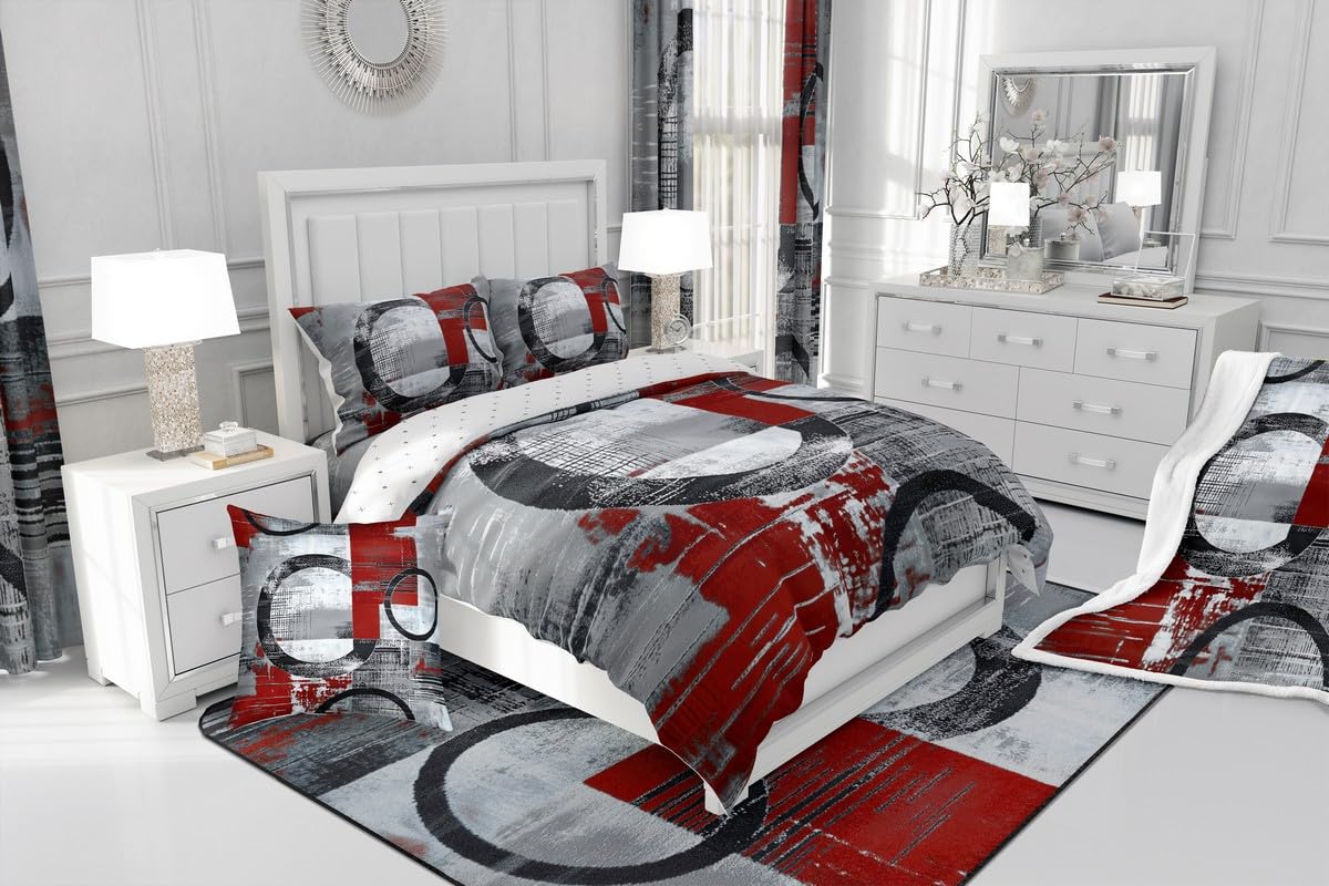 Feelyou Abstract Kids Comforter Set Full Size Modern Abstract Art Bedding Set Geometric Duvet Quilt for Kids Boys Girls Bedroom Luxury Decor Wine Ultra Soft