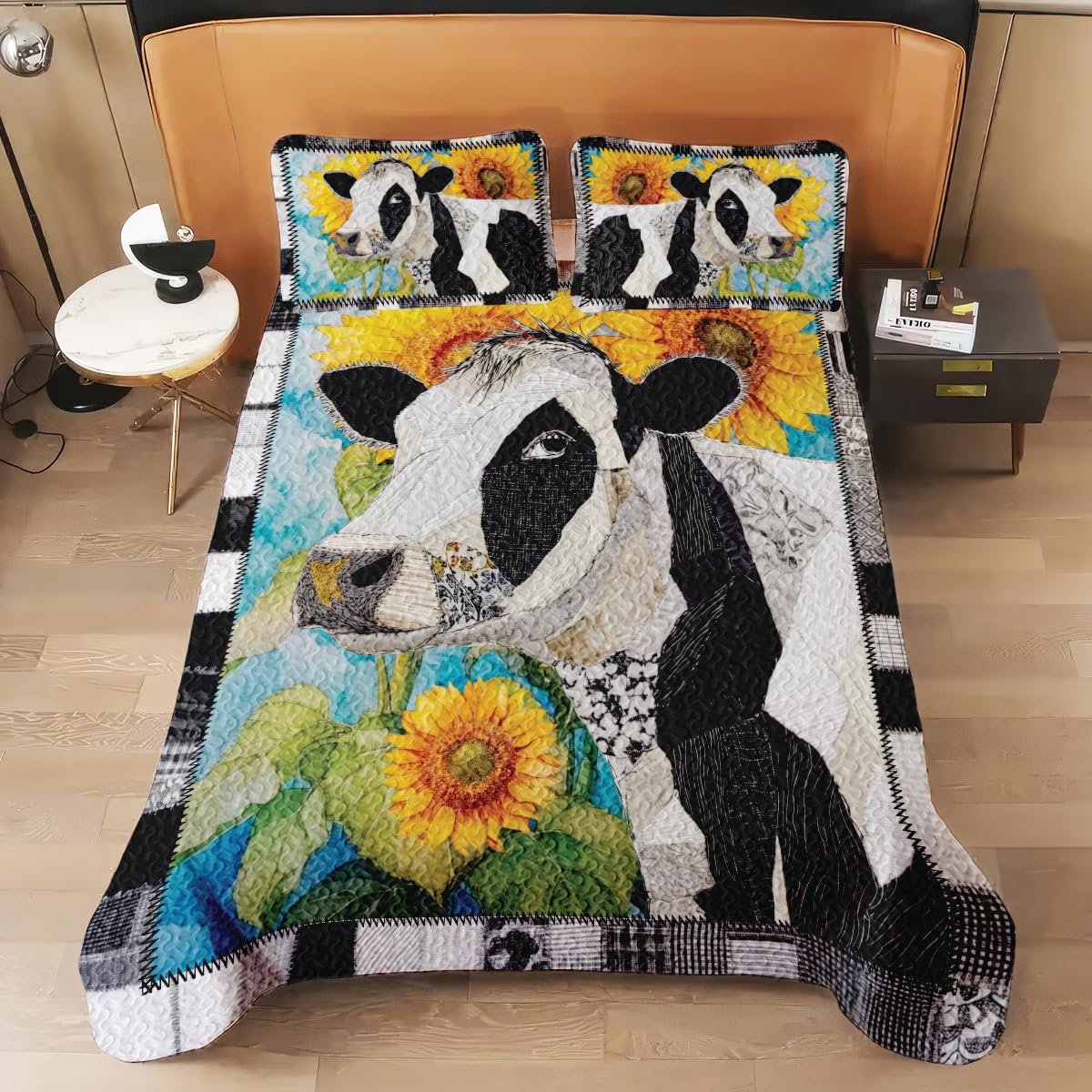Jeminise Cow with Landscape Patchwork Quilt, Animal Farmhouse Printed Quilt Set Bedding Set, Premium Patchwork Pattern Quilts Bedspread, Bedding Set with Cow Lover Gift