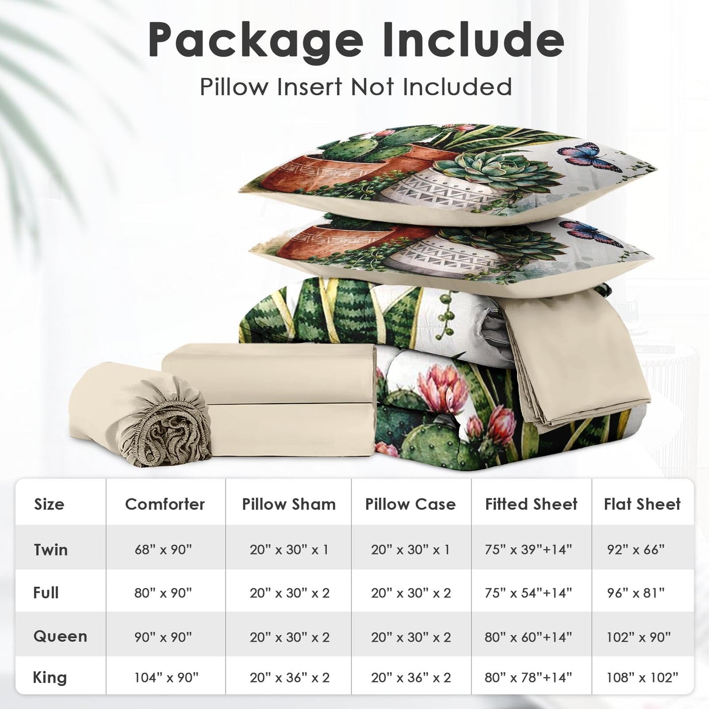 Boewywh Comforter Set Twin Size Boho Cactus Plant 7 Pcs, Bedding for Kids and Adults, Bed Sheet Sets with Fitted Sheet 2 Pillowcases & 2 Shams for Bedroom Bed Decor