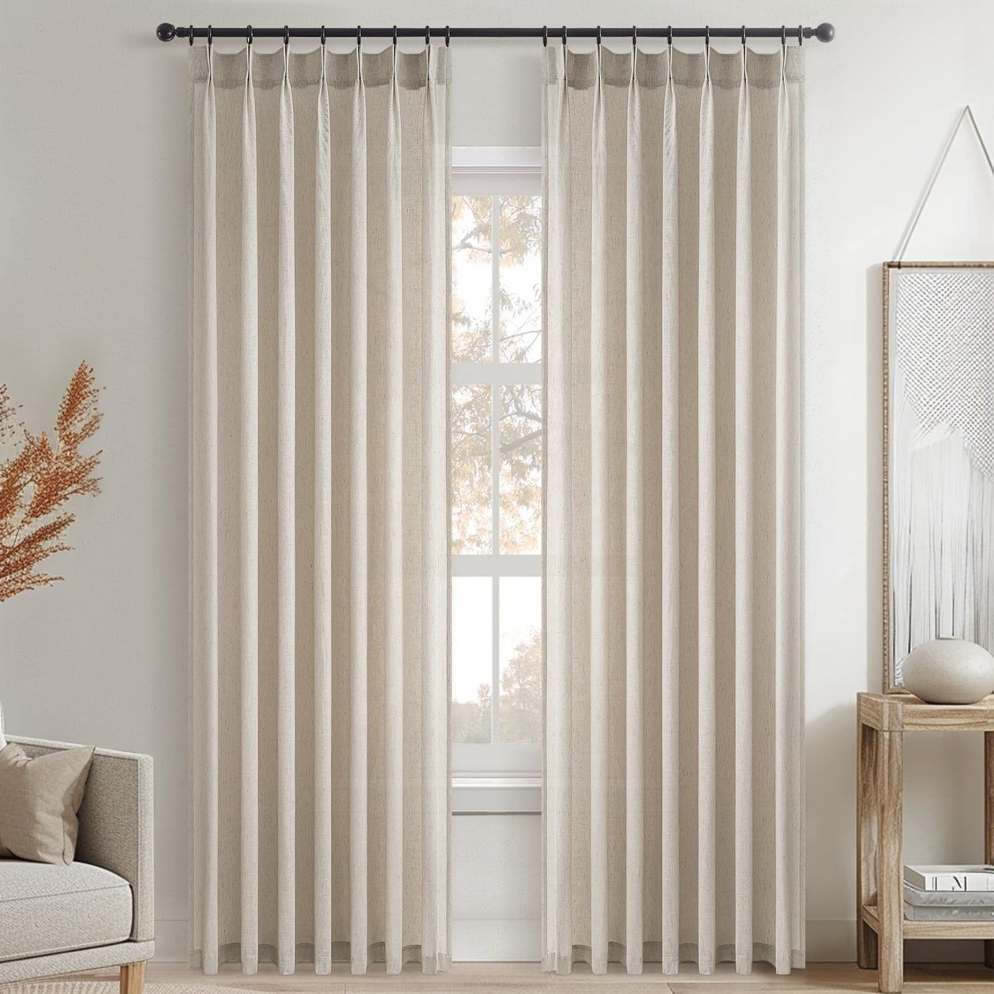 Topfinel Oatmeal Beige Pinch Pleated Curtains 84 Inches Long for Living Room 2 Panels Sets,Stone Washed Linen Earth Tone Decor Back Tab Boho Neutral Greige Earthy Sheer Curtain for Bedroom