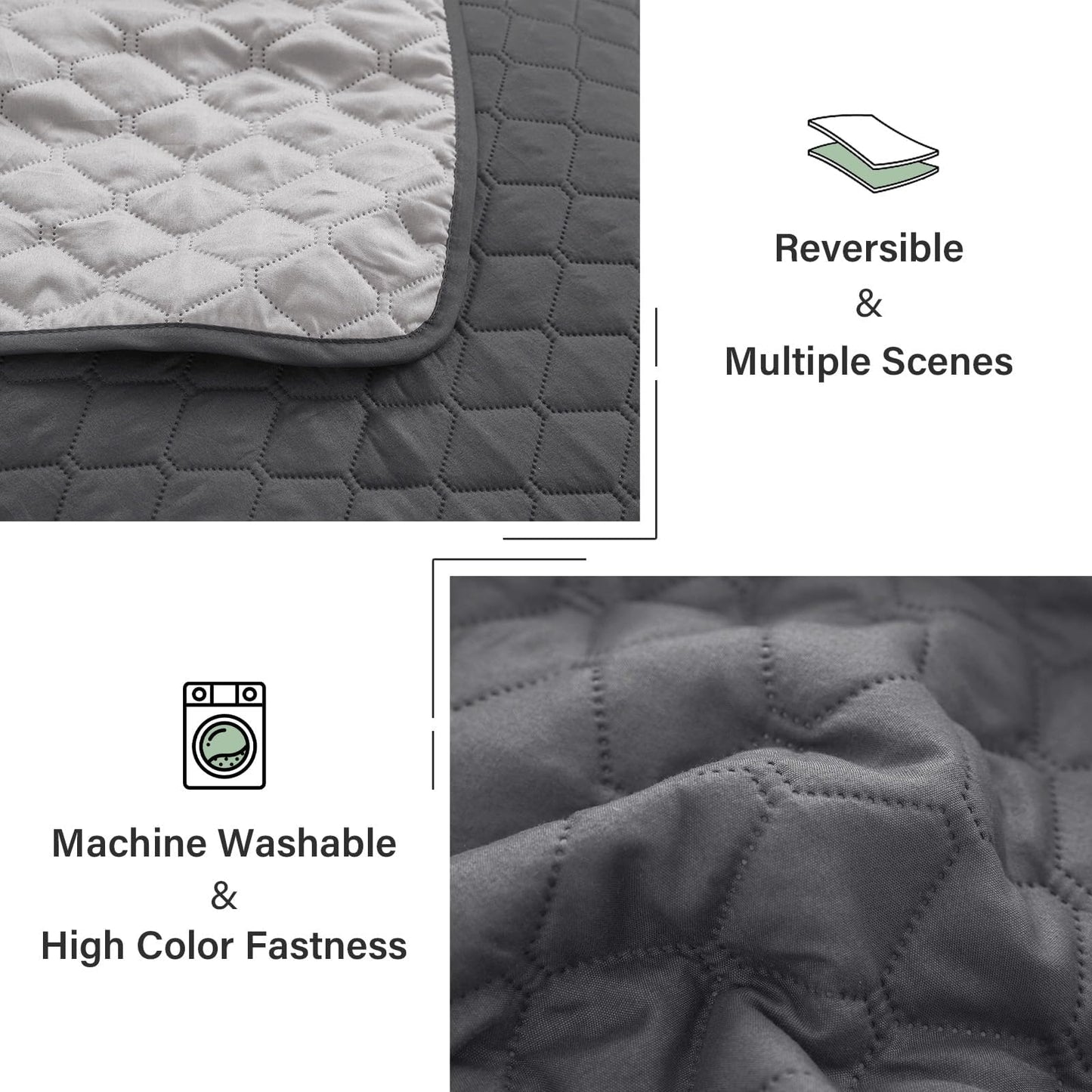 Exclusivo Mezcla Reversible King Size Quilt Bedding Set with Pillow Shams, Lightweight Quilts King Size, Soft Bedspreads Bed Coverlets for All Seasons - (Grey, 104"x96")