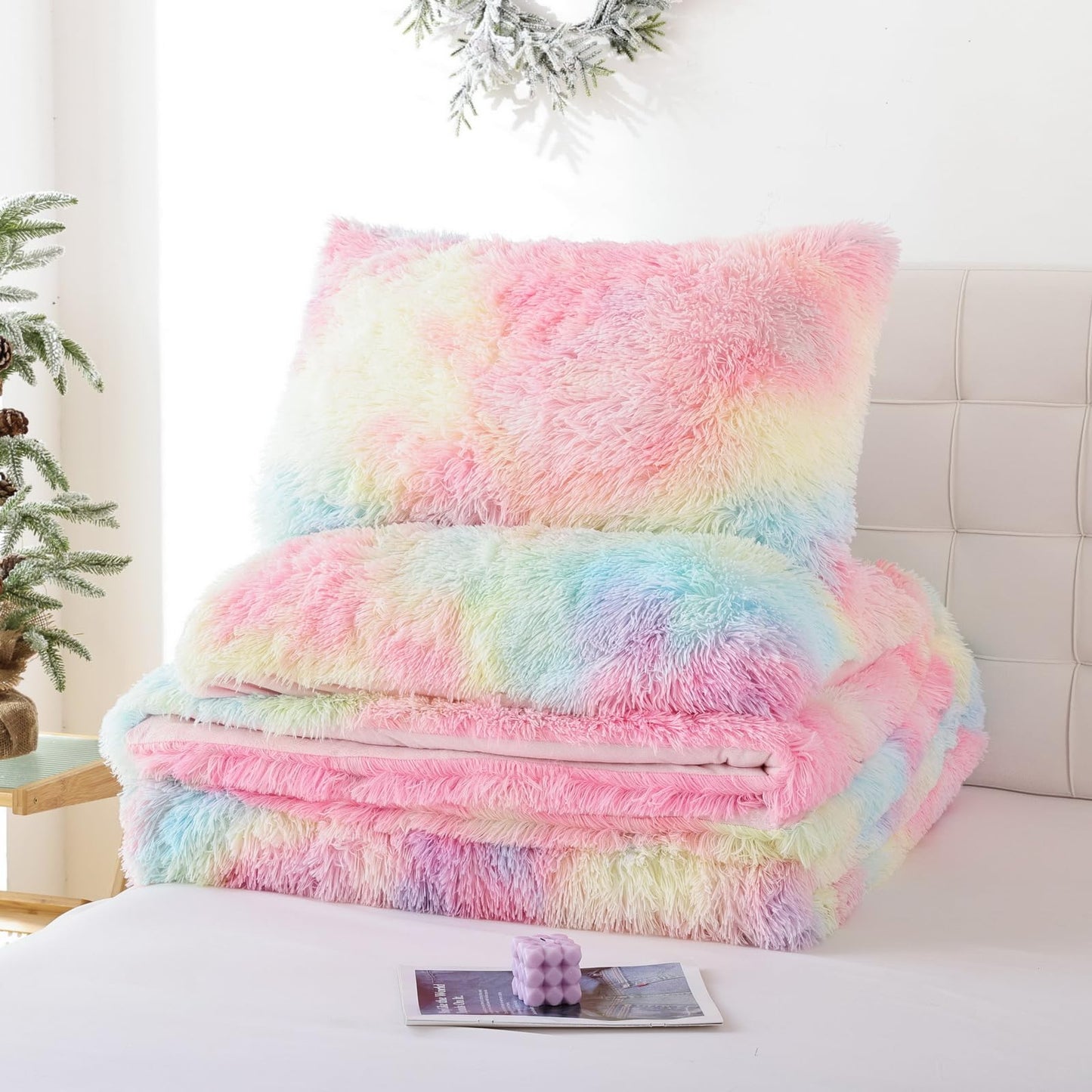 Smoofy Fluffy Queen Comforter Set, Faux Fur Rainbow Comforter Set Queen Size, Luxury Fuzzy Bedding Set, Soft Shaggy Bed Set for All Season, 3 Pieces - 1 Comforter & 2 Pillowcases