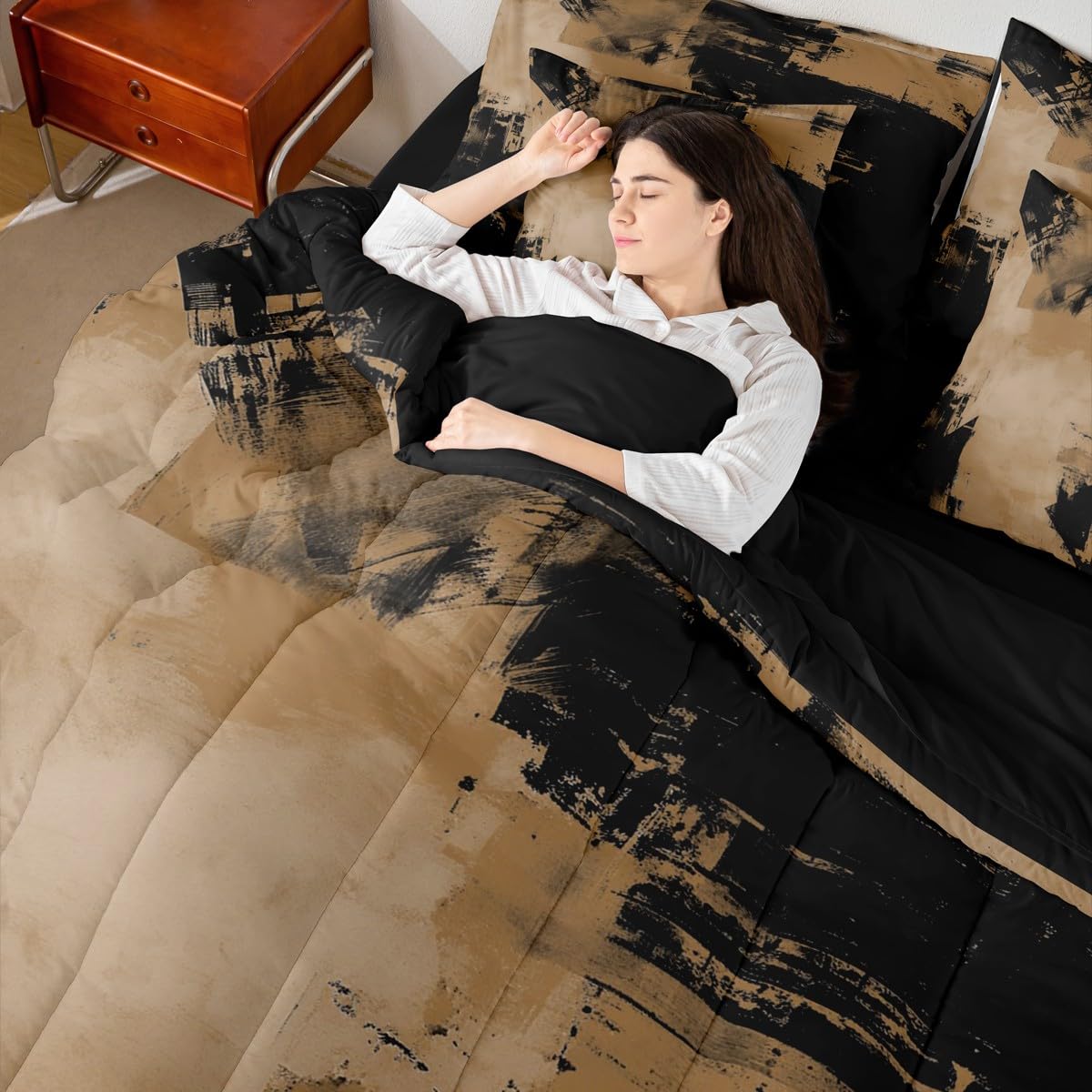 Feelyou Abstract Comforter Set King Size 7 Pieces Modern Abstract Art Bedding Set Luxury Bed in a Bag with Comforter, Sheets, Pillowcases, Cushion Covers Geometric Bedroom Decor Deep Brown