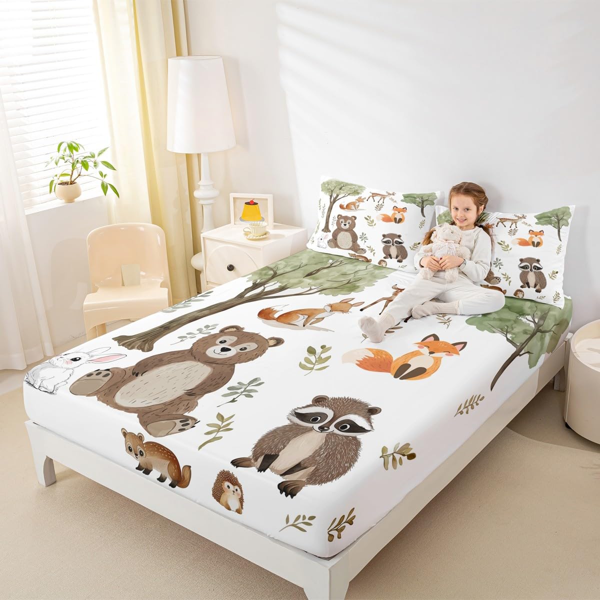 jejeloiu Woodland Animals Bedding Sheets Queen Size Bear Fox Bed Sheet Set for Kids Boys Girls Neutral Theme Fitted Sheet Forest Animal Bed Cover 3Pcs,1 Fitted Sheet+2 Pillow Sham(No Flat Sheet)