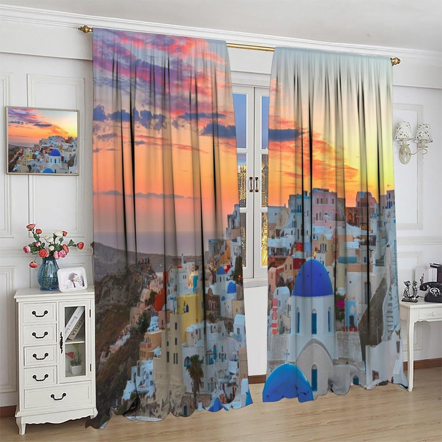 European Island Cityscape Curtains Sunset Traditional Greek Village Church Blue Dome Building Rod Pocket Window Treatments for Bedroom Kitchen Living Dining Apartment Dorms Cafe 42"W X 44.5"L