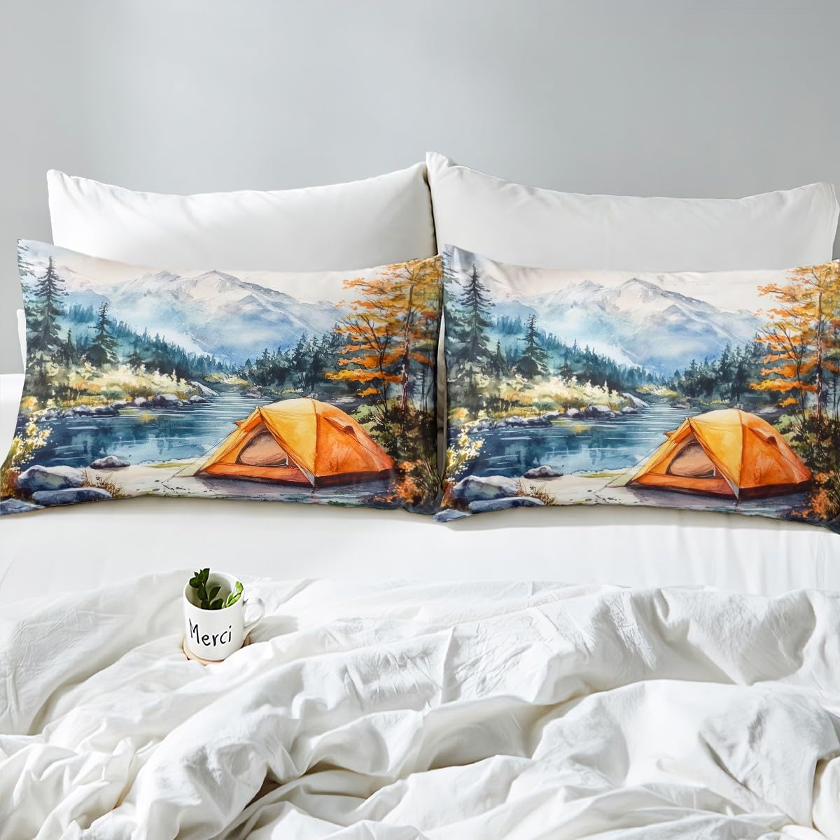 Erosebridal Happy Camping Bed Set Full,Outdoors Natural Camper Decor Bed Sheets Set Rustic Farmhouse Flat Fitted Sheet for Kids Adults Jungle Tree Country Bedding Sets with 2 Pillow Cases