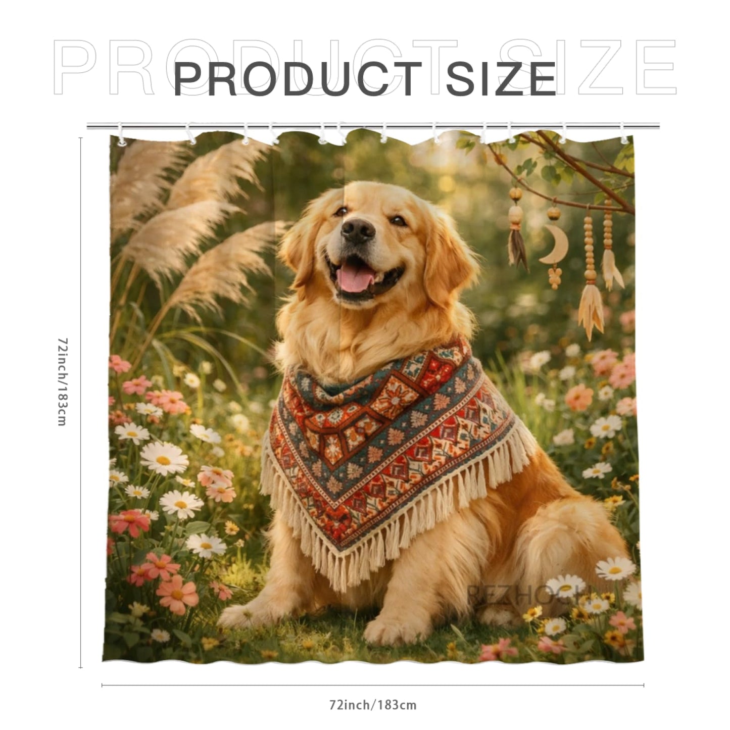 REZHOCH Boho Fun Golden Retriever Shower Curtain 72x72Inch,Cute Floral Daisy Animal Home Bathroom Decor,Rustic Nature Farmhouse Woodland Bohemian Waterproof Fabric Bath Set with Hooks