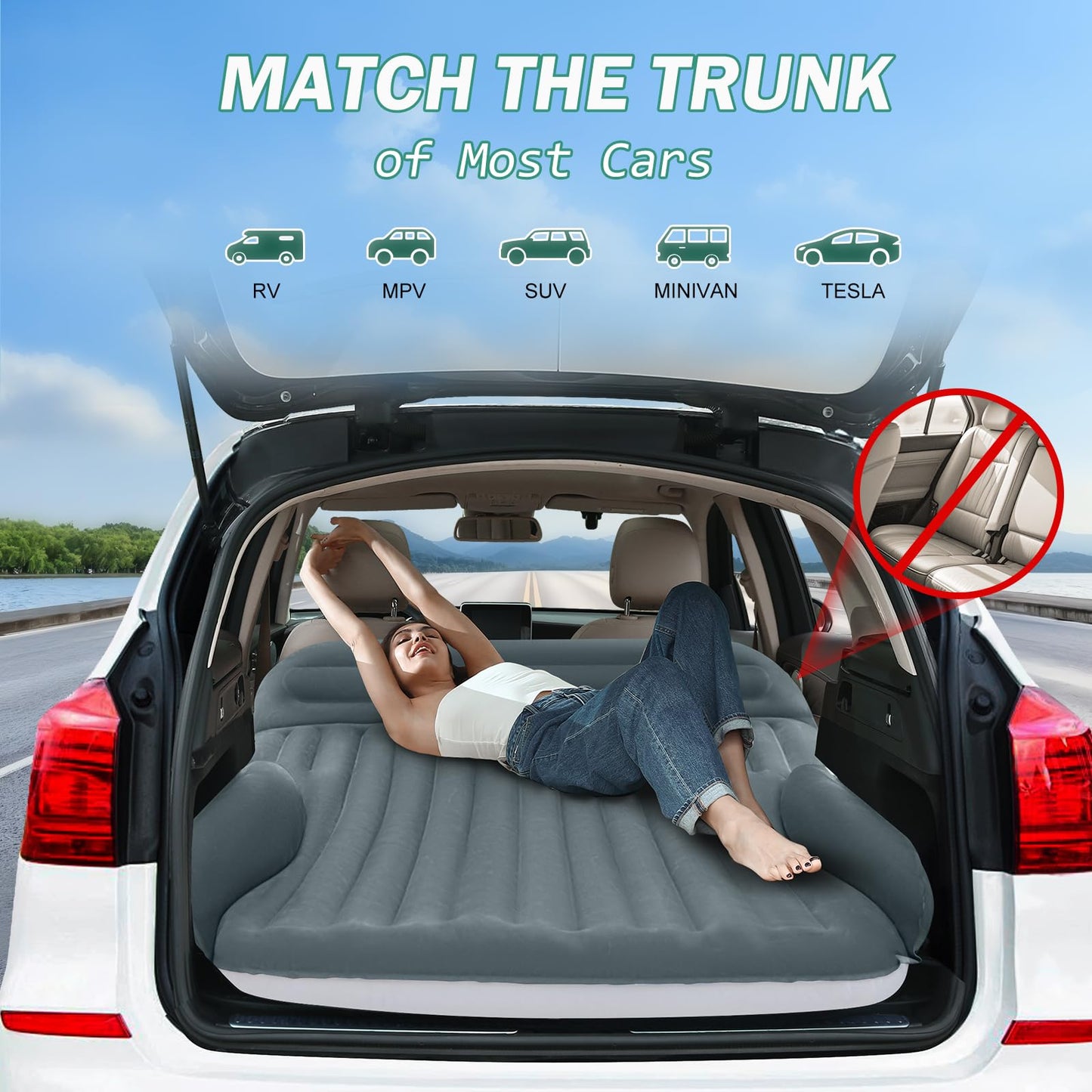 Ciremiv SUV Air Mattress, Double-Sided Thick Flocked Car Air Mattress with Built-in Pump & Pillow, Complete Sleeping Accessories for Auto Camping & Road Trips(Green+Charcoal)