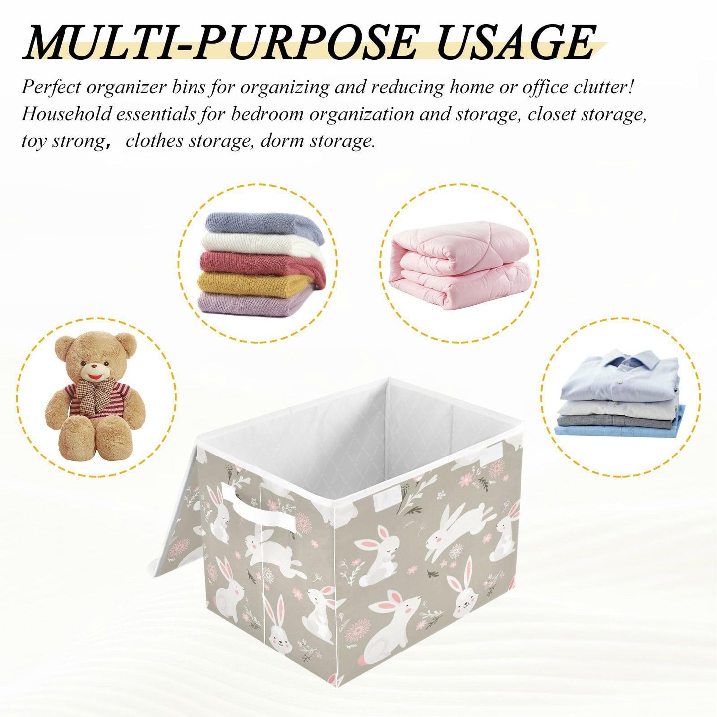 YETTASBIN Easter Bunny Storage Basket with Lid and Handles, Large Collapsible Fabric Storage Bins Durable Storage Organizer for Shelves, Closet, Bedroom, School, Office, Home Decor