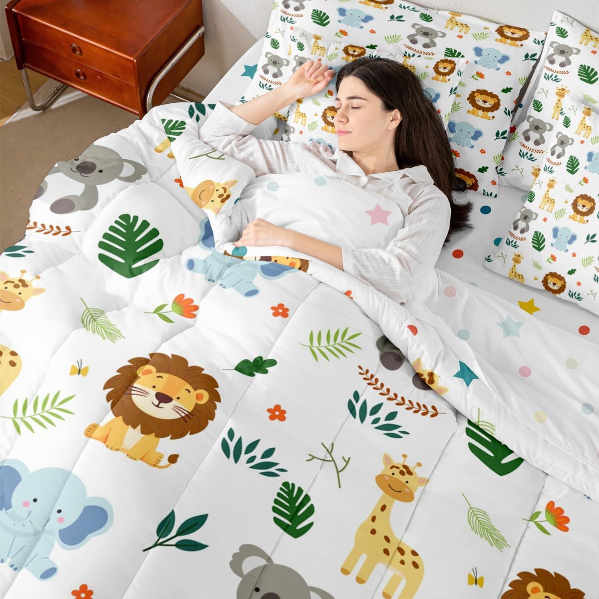 Erosebridal Nursery Cute Jungle Animal Kids Twin Size Comforter Set with Sheets | Safari Elephant Giraffe 7-Piece Bedding Set Koala Lion Bed in a Bag Palm Leaves Flowers Zoo Animal Bed Quilt Sets