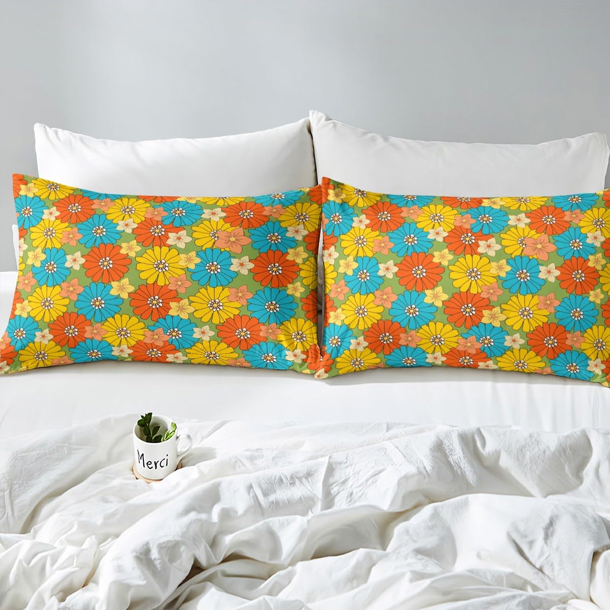 Erosebridal 60S 70S Hippie Bed Sheets Full Retro Groovy Flowers Bedding Set Abstract Vintage Floral Sheet Set for Kids Girls Teen,Boho Natural Botanical Fitted Sheet + Flat Sheet + 2 Pillow Cases