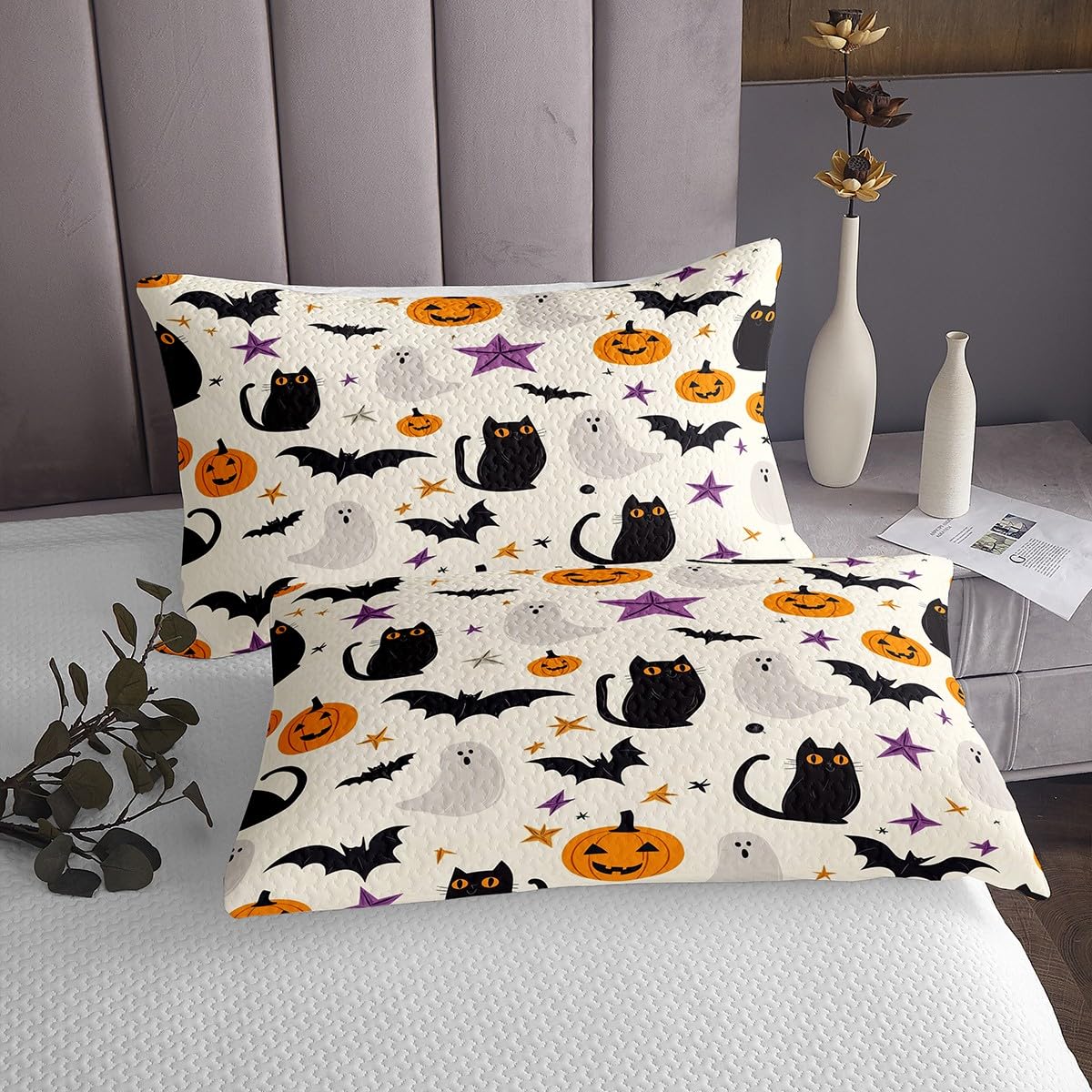 Feelyou Happy Halloween Bed Sheets Set Twin Size Cute Ghost Cat Bed Set Beige Black Orange Deep Pocket Fitted Sheet Pumpkin Lantern Bats Breathable Soft Lightweight Microfiber