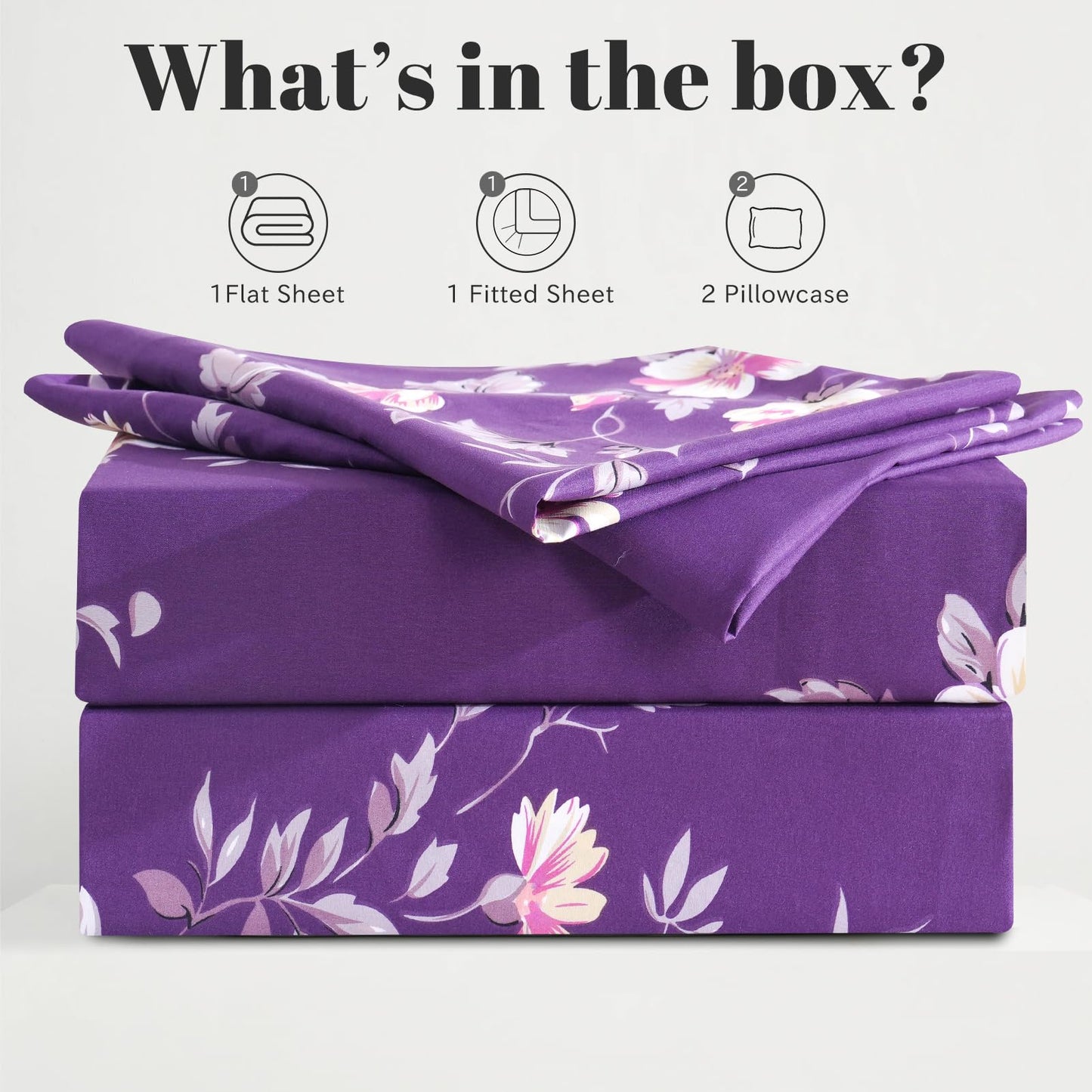 Bedlifes King Sheet Set Ultra Soft, Breathable, Silky Flower Deep Pocket 100% Microfiber Bedding, 4 Piece King Size Dark Purple Floral