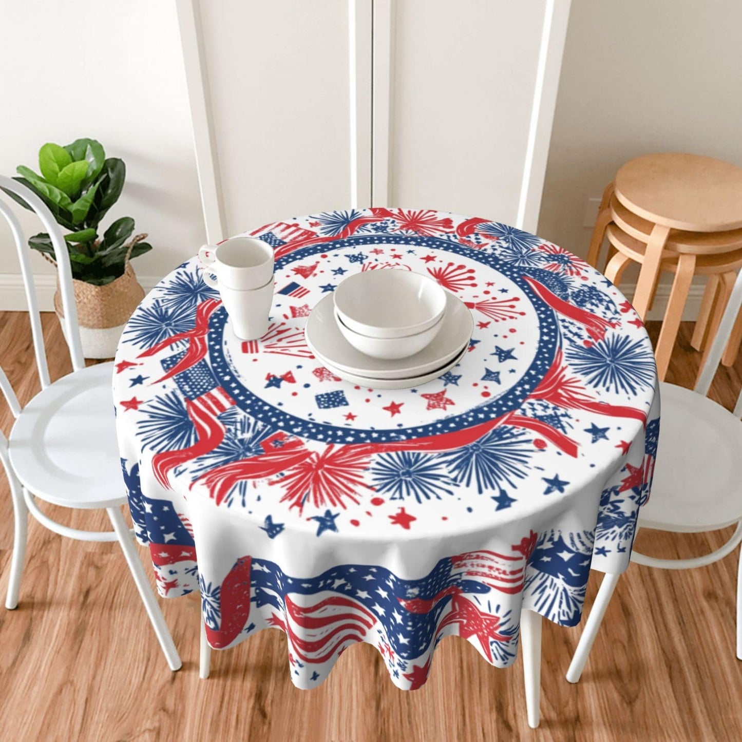mutakin 4th of July Fireworks Tablecloth Patriotic Round Table Cloth Washable Table Cover for Home Kitchen Party Picnic 60 Inch