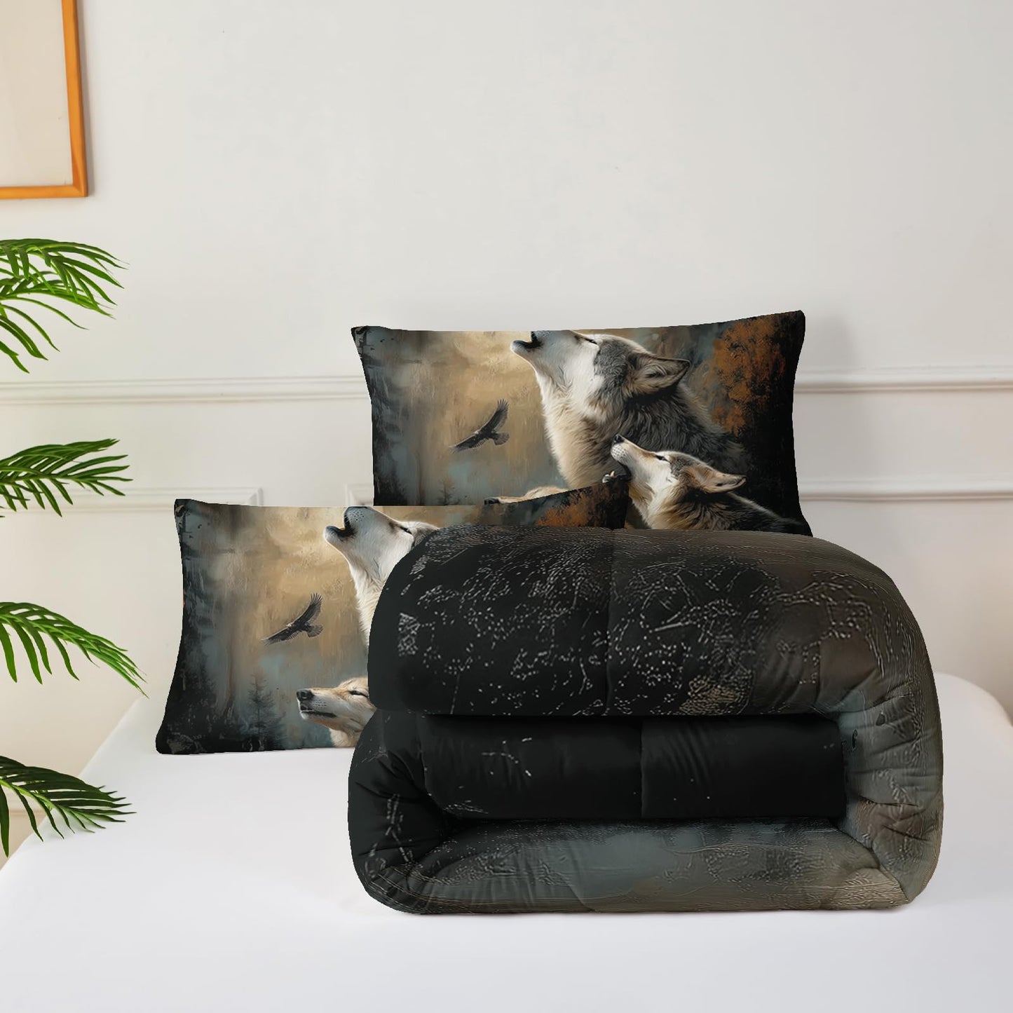lneffble Wolf Comforter Set Twin for Kids Boys Girls,Howling Wolves Comforter Set,Eagle and Wolf Night Moon Forest Bedding Set, Wild Animals Quilt Set for Bedroom Decor,All Seasons