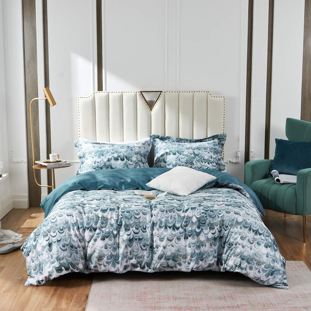 MILDLY 100% Long Staple Cotton King Duvet Cover Set, Aqua Blue Peacock Tail Plume Pattern Printed Comforter Cover Set